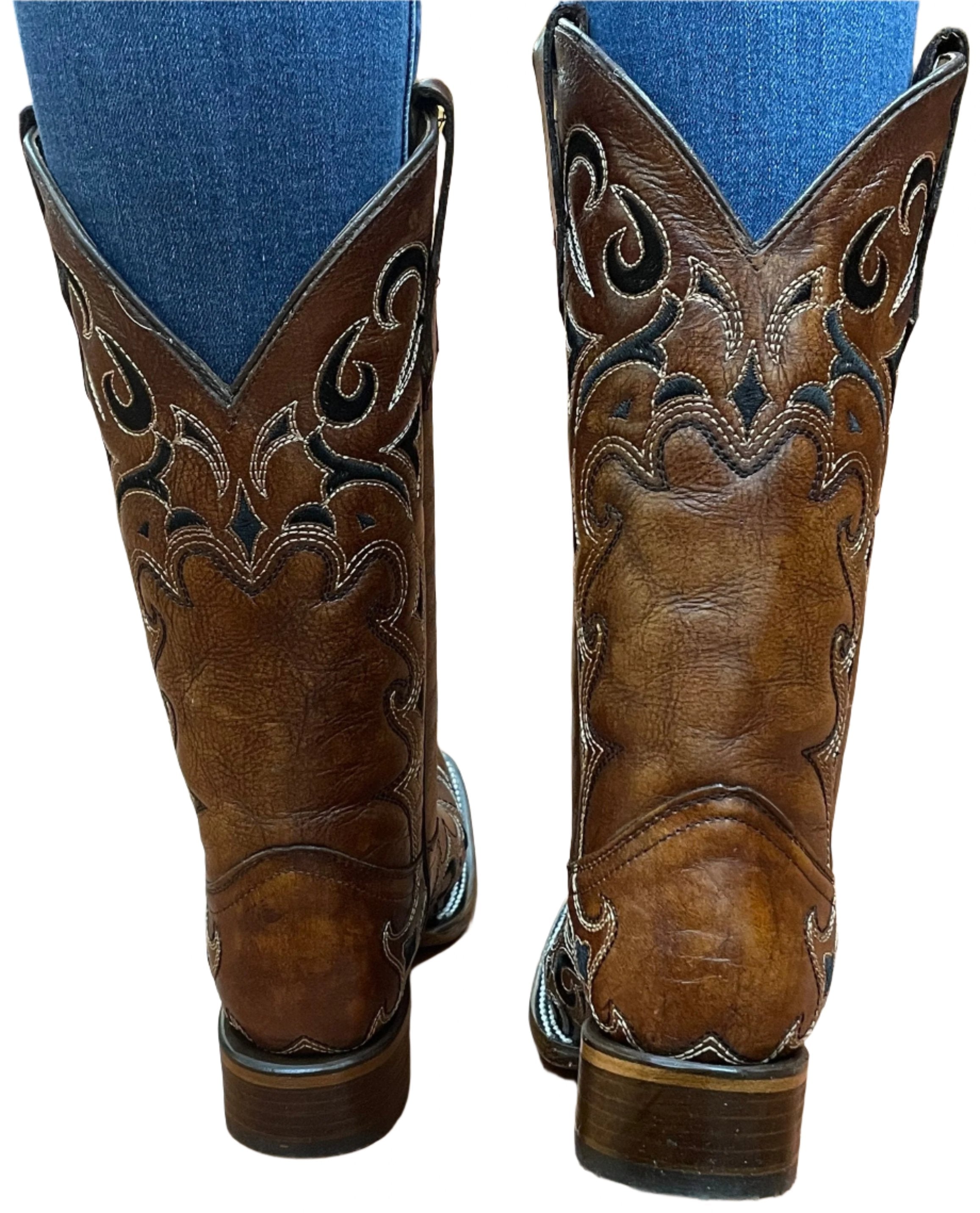 Brown & Black Embroidered Square Toe Women's Boots