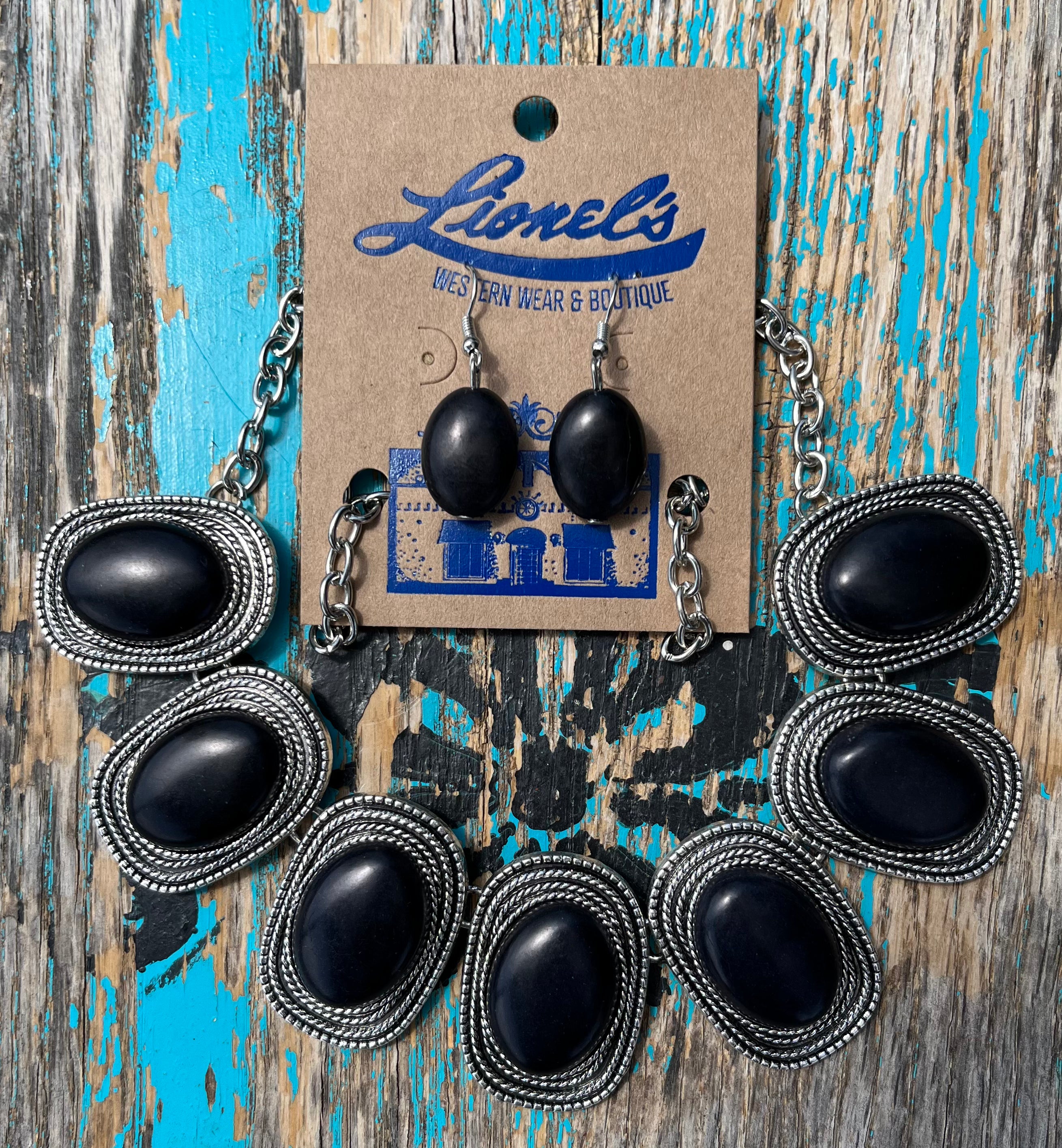 Silver w/ Black Stones Necklace w/ Earrings