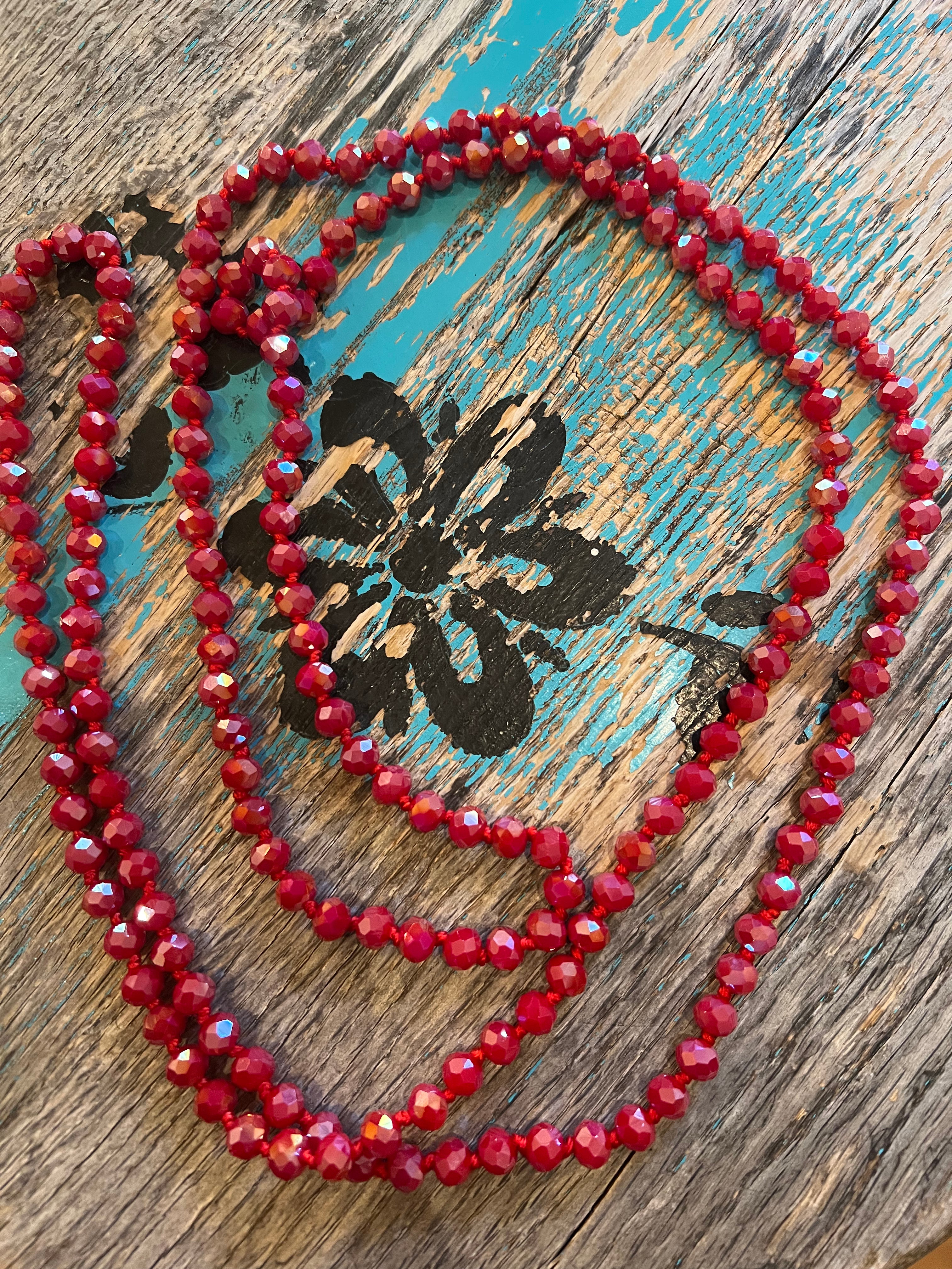 60" Hand Knotted Iridescent RED Bead Necklace