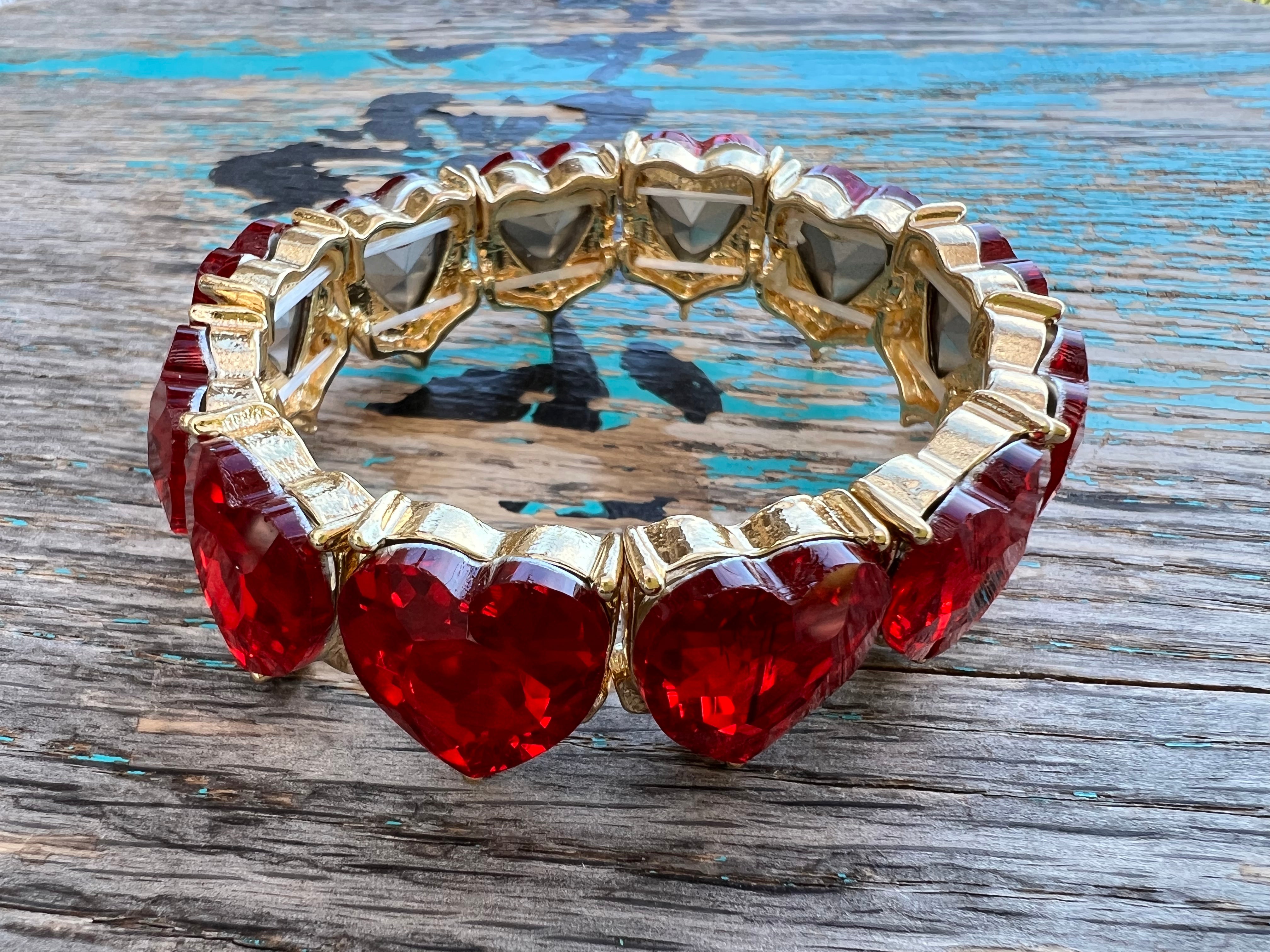 Red Crystal Hearts on Gold Bracelet