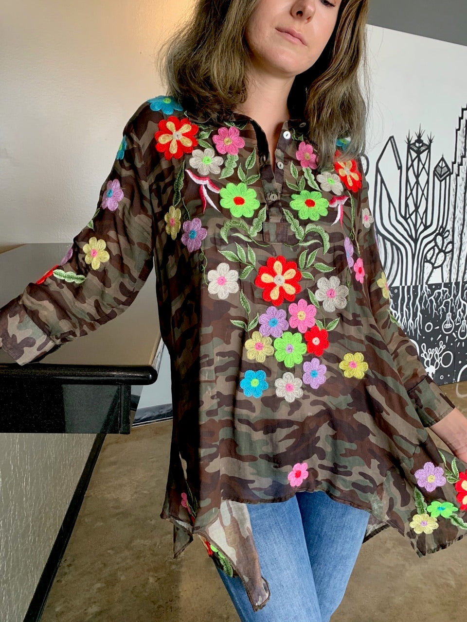 Camouflage Blouse w/ Flower Embroidery by Pong