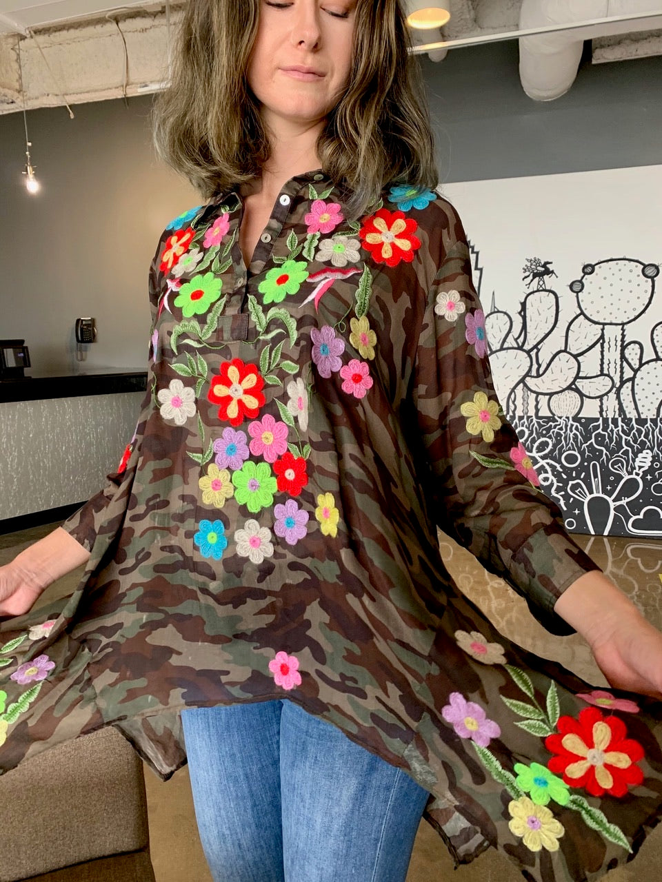 Camouflage Blouse w/ Flower Embroidery by Pong