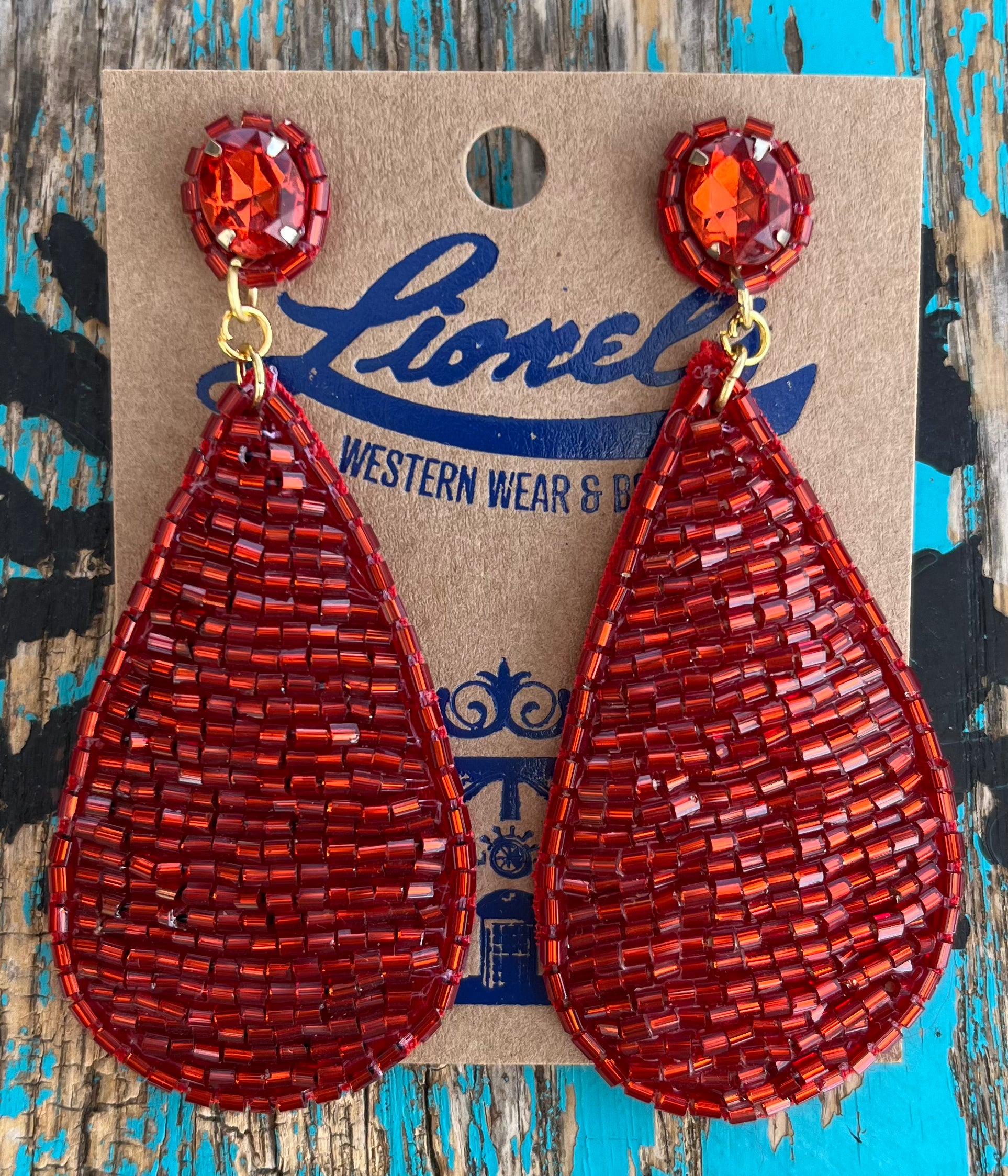 Red Bugle Bead Teardrop Dangling Earring