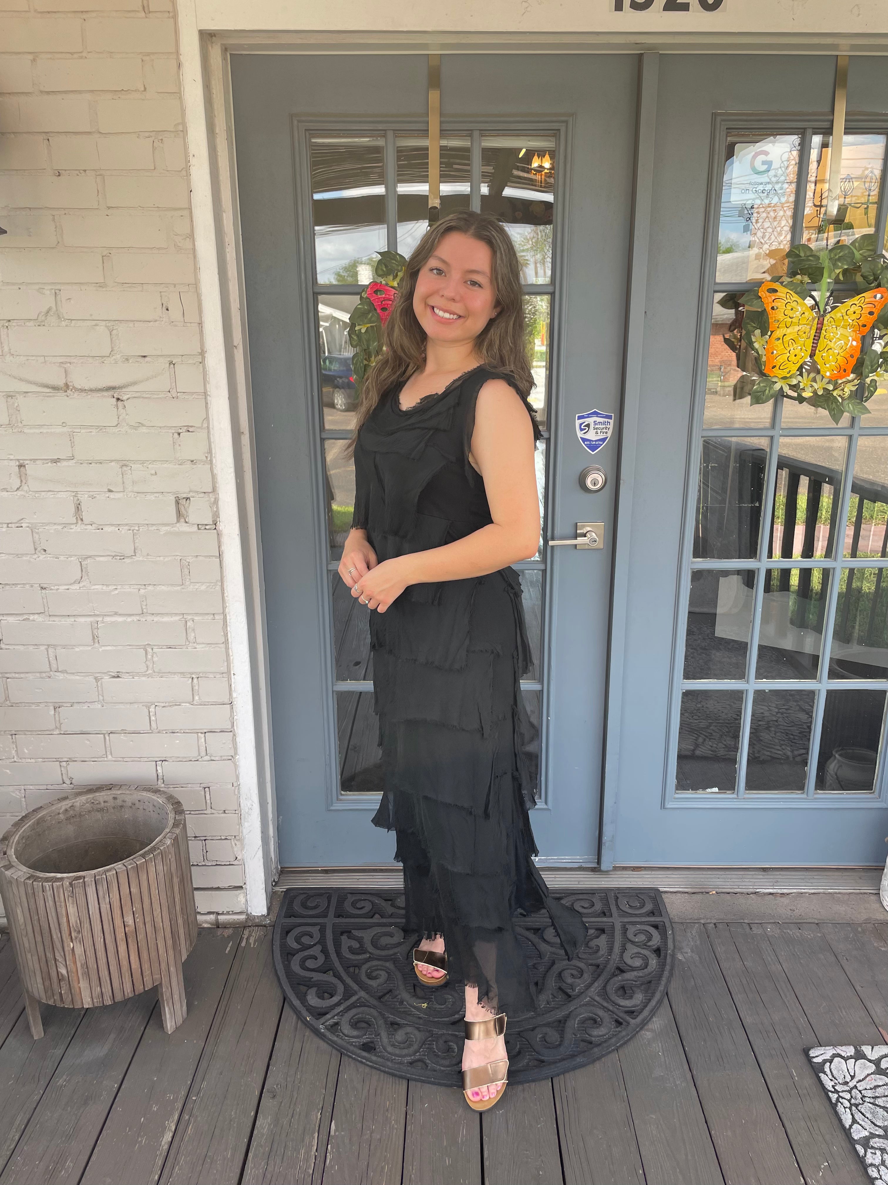 Black Silk Ankle Length Ruffle Dress