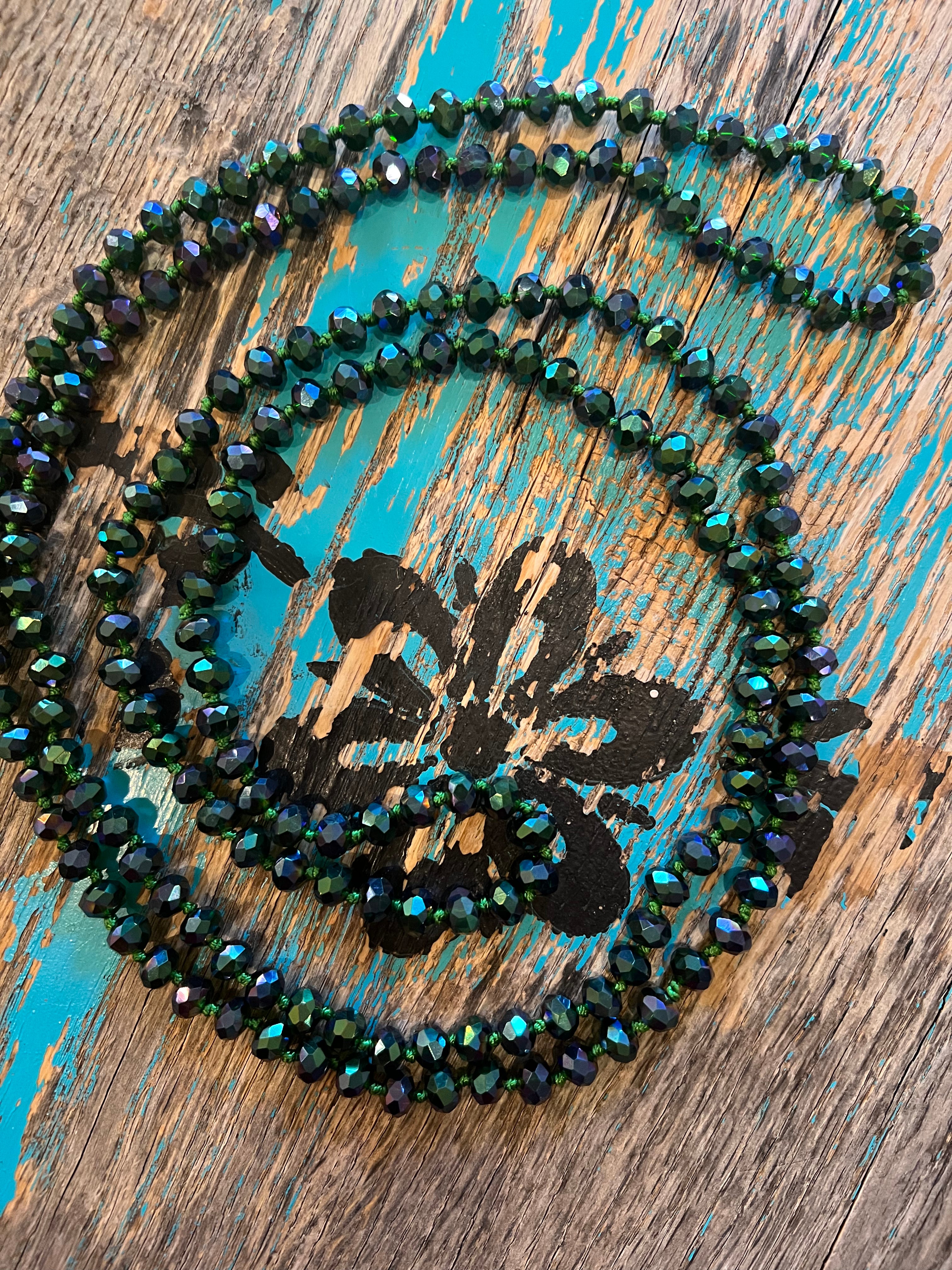 60" Hand Knotted Iridescent NAVY/GREEN Bead Necklace