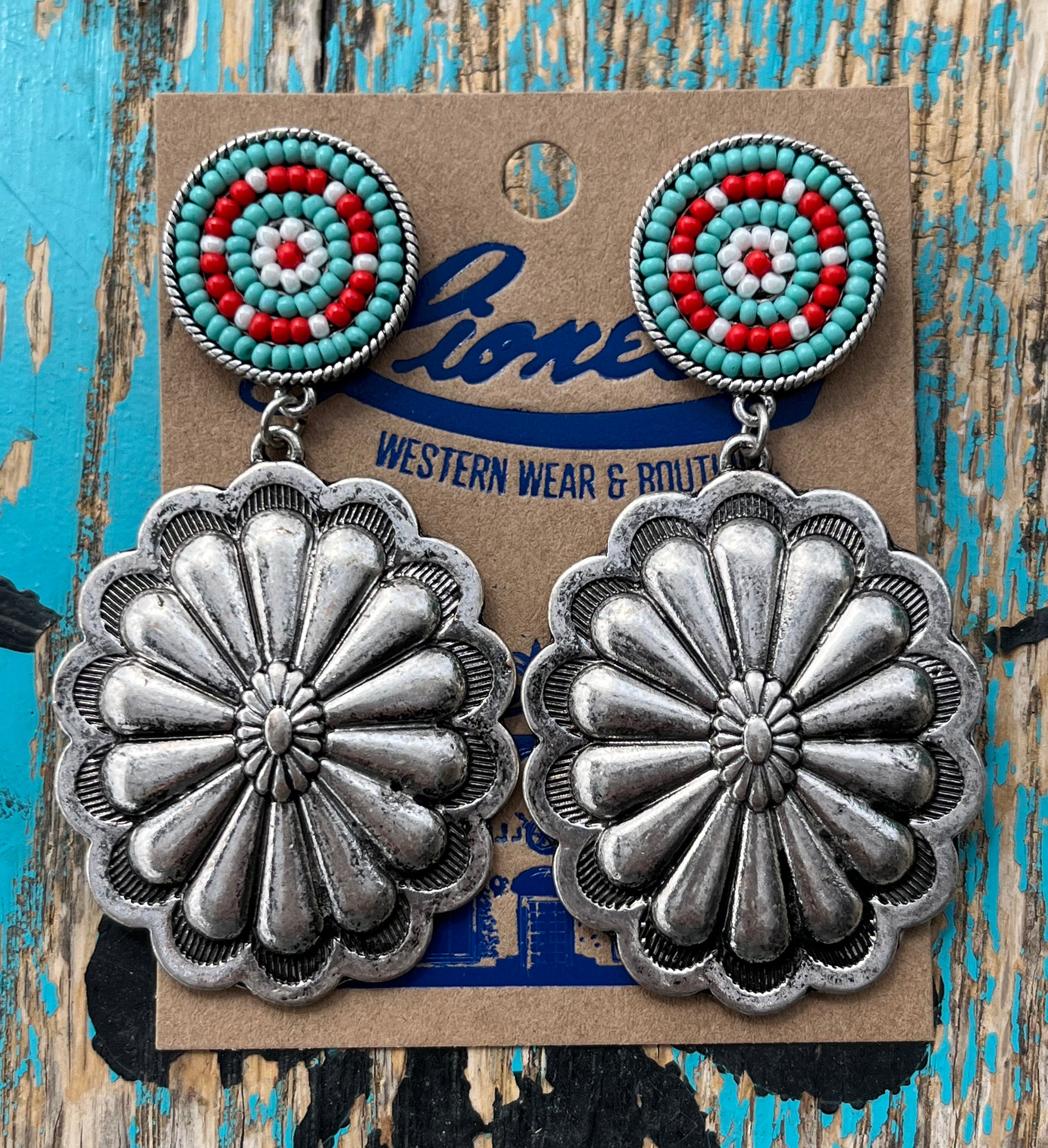 Red, Turq. & White Beads w/ Large Concho Earring
