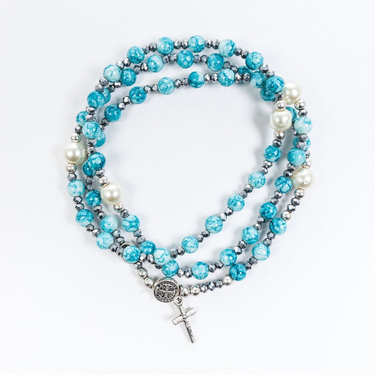 Rosary Wrap Bracelet/Blue Hematite & Pearl