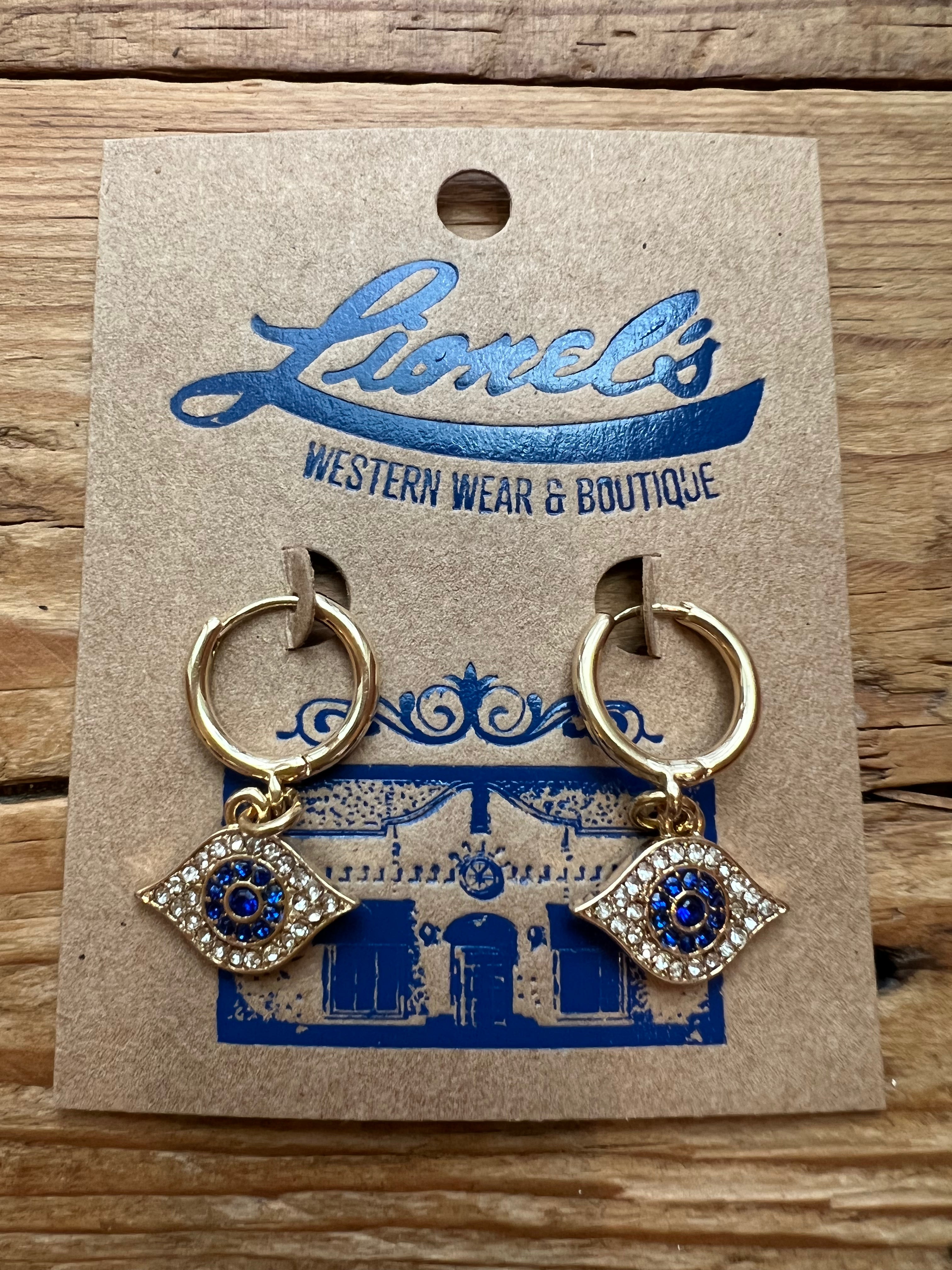 Eye Design Gold/Blue Dangle Earrings