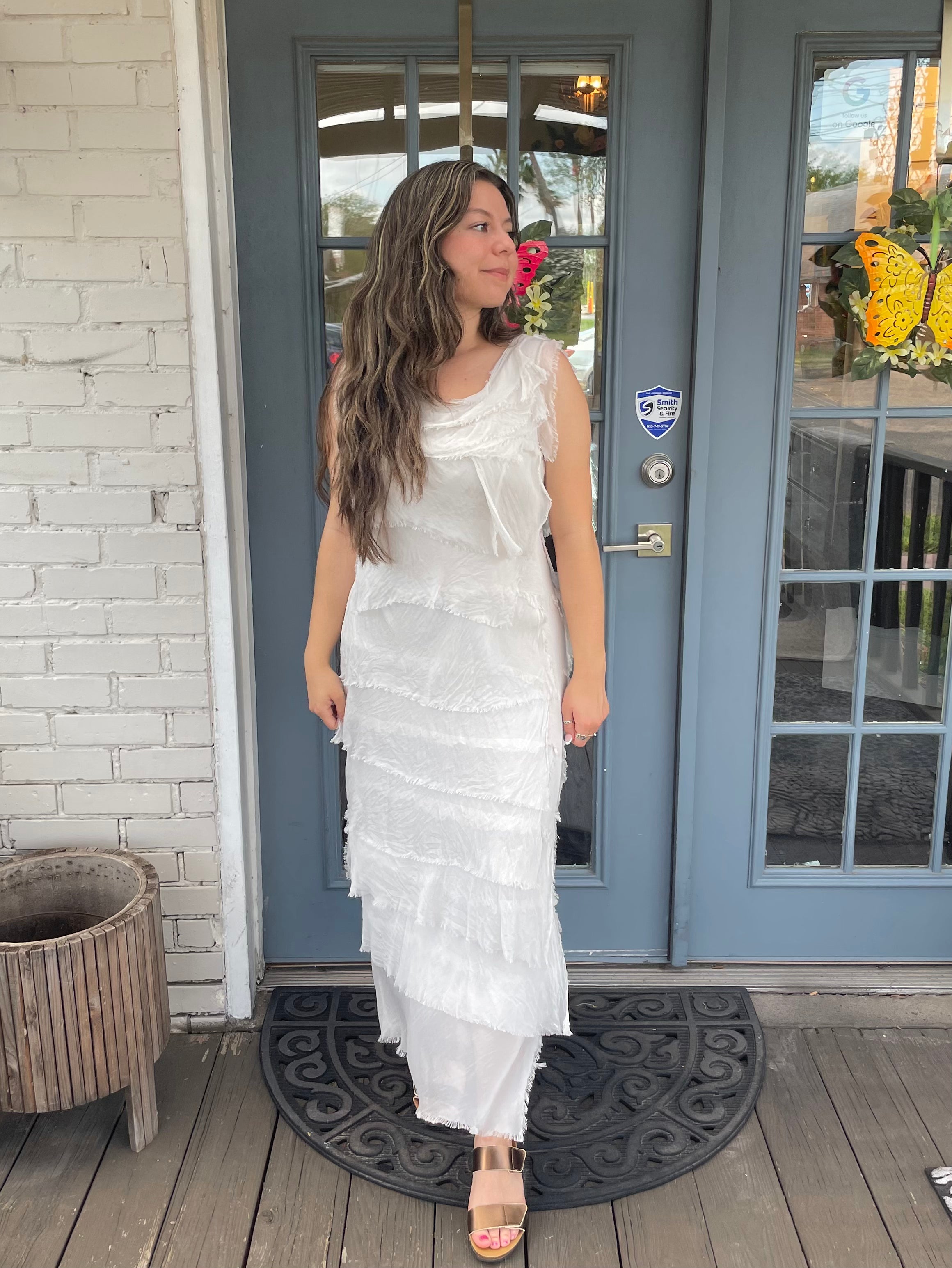 White Silk Ankle Length Ruffle Dress