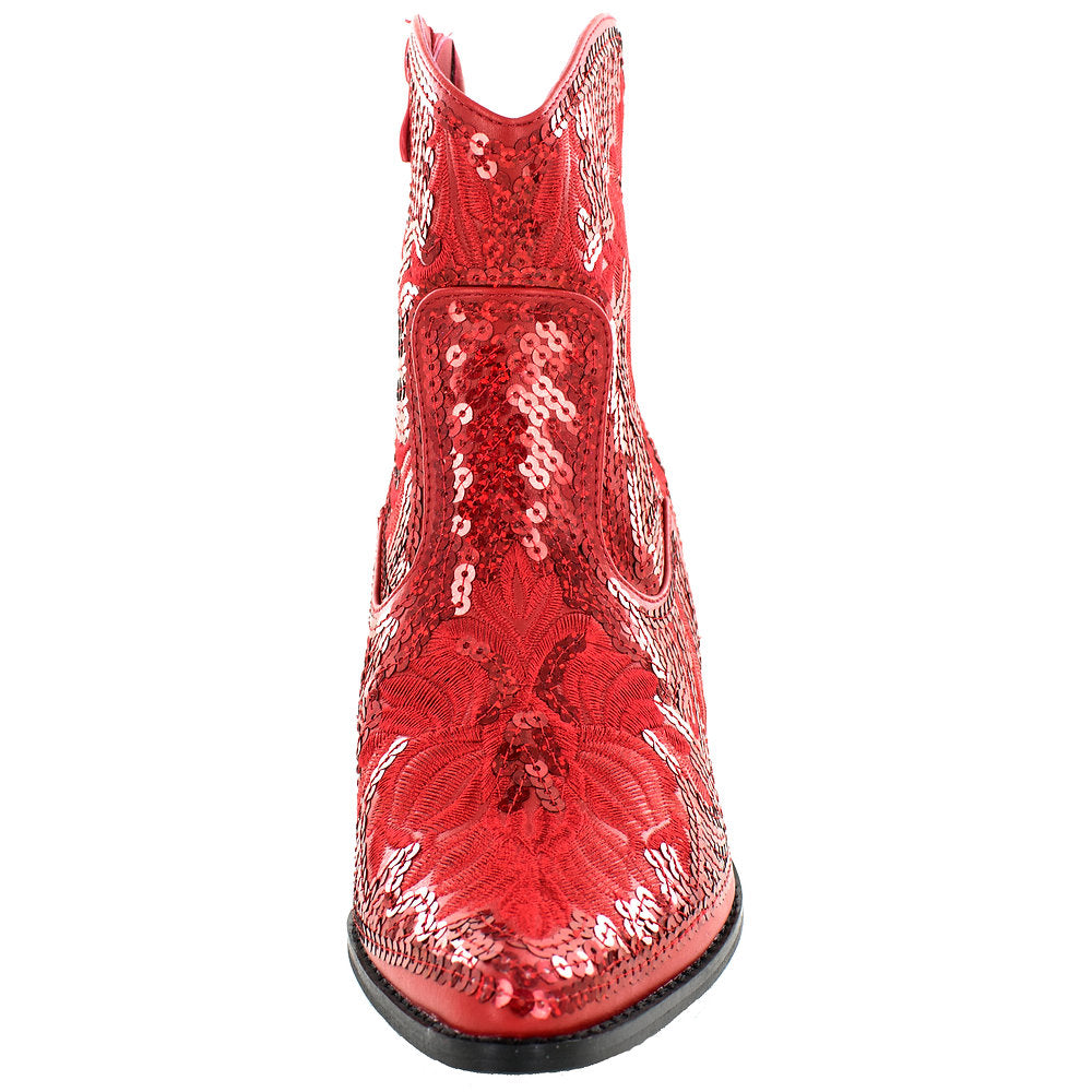 RED Short Sequin & Embroidered Boots w/ Zipper
