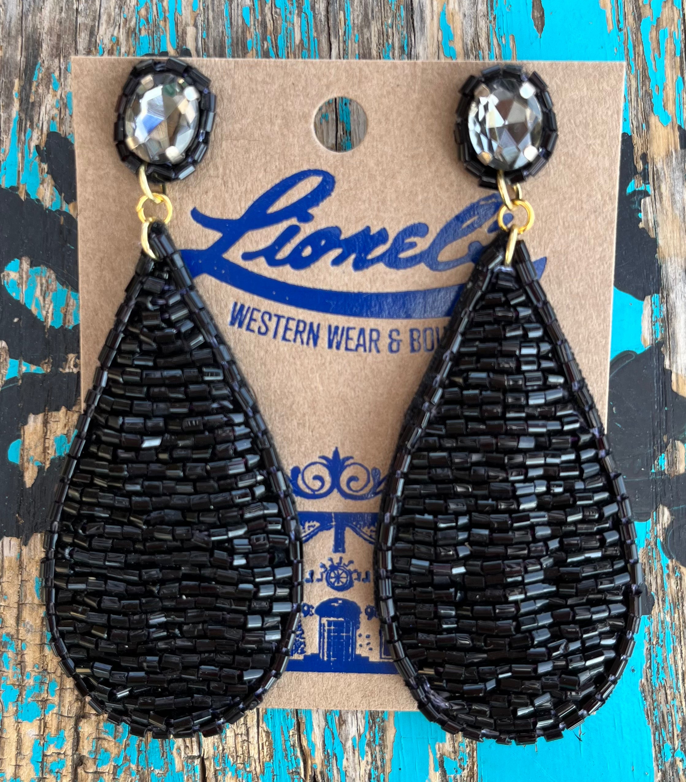 Black Bugle Bead Teardrop Dangling Earring