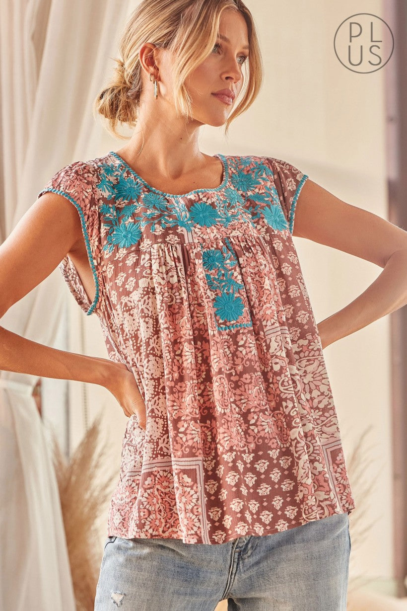 Mauve Flutter Sleeve Top w/ Turquoise Embroidery