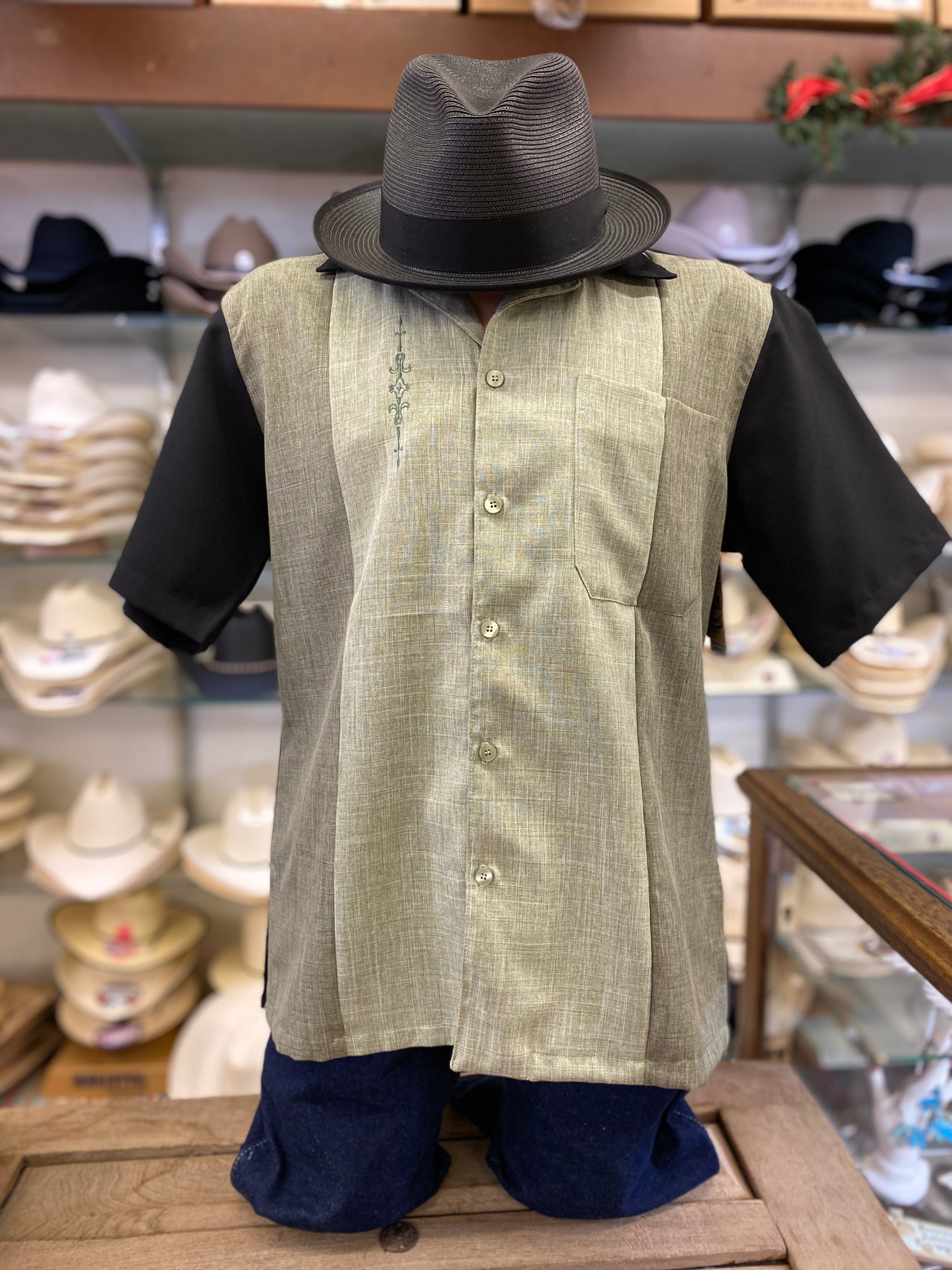 Olive & Black Cuban Collar, Retro Bowling Shirt