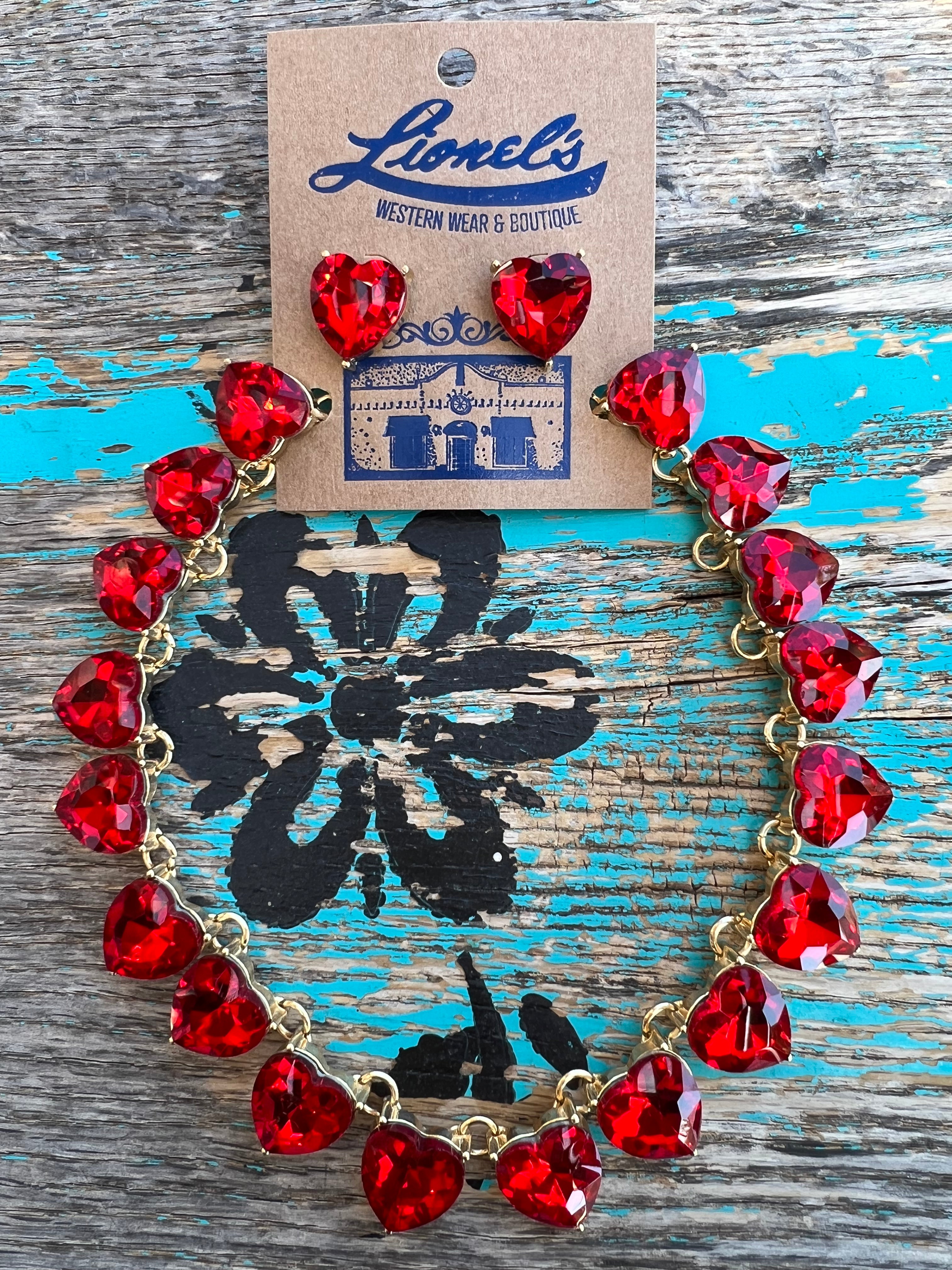 Red Heart on Gold Necklace w/ Earrings