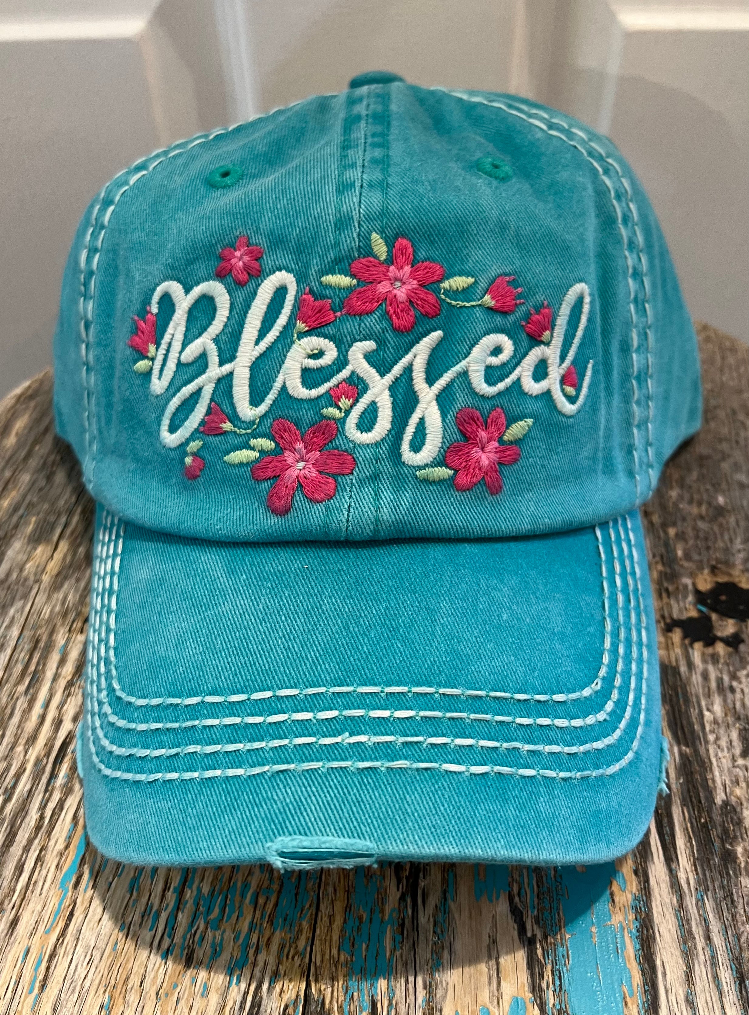 Distressed Turquoise Blessed Embroidered Cap