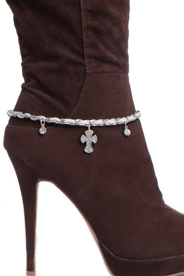 Rhinestone Studded Silver Cross Boot Leather Chain
