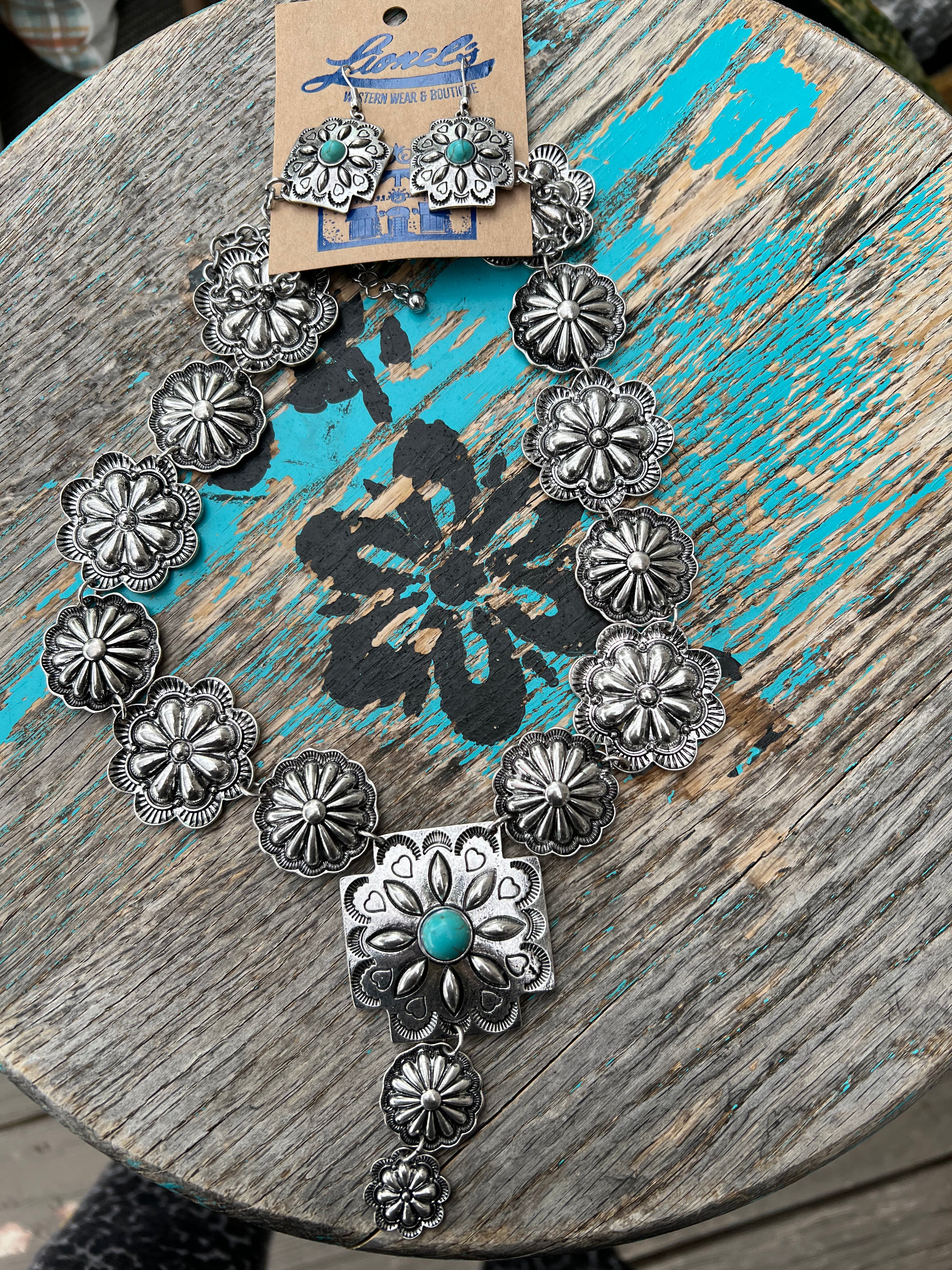 Floral Concho & Turquoise Squash Necklace/Earrings