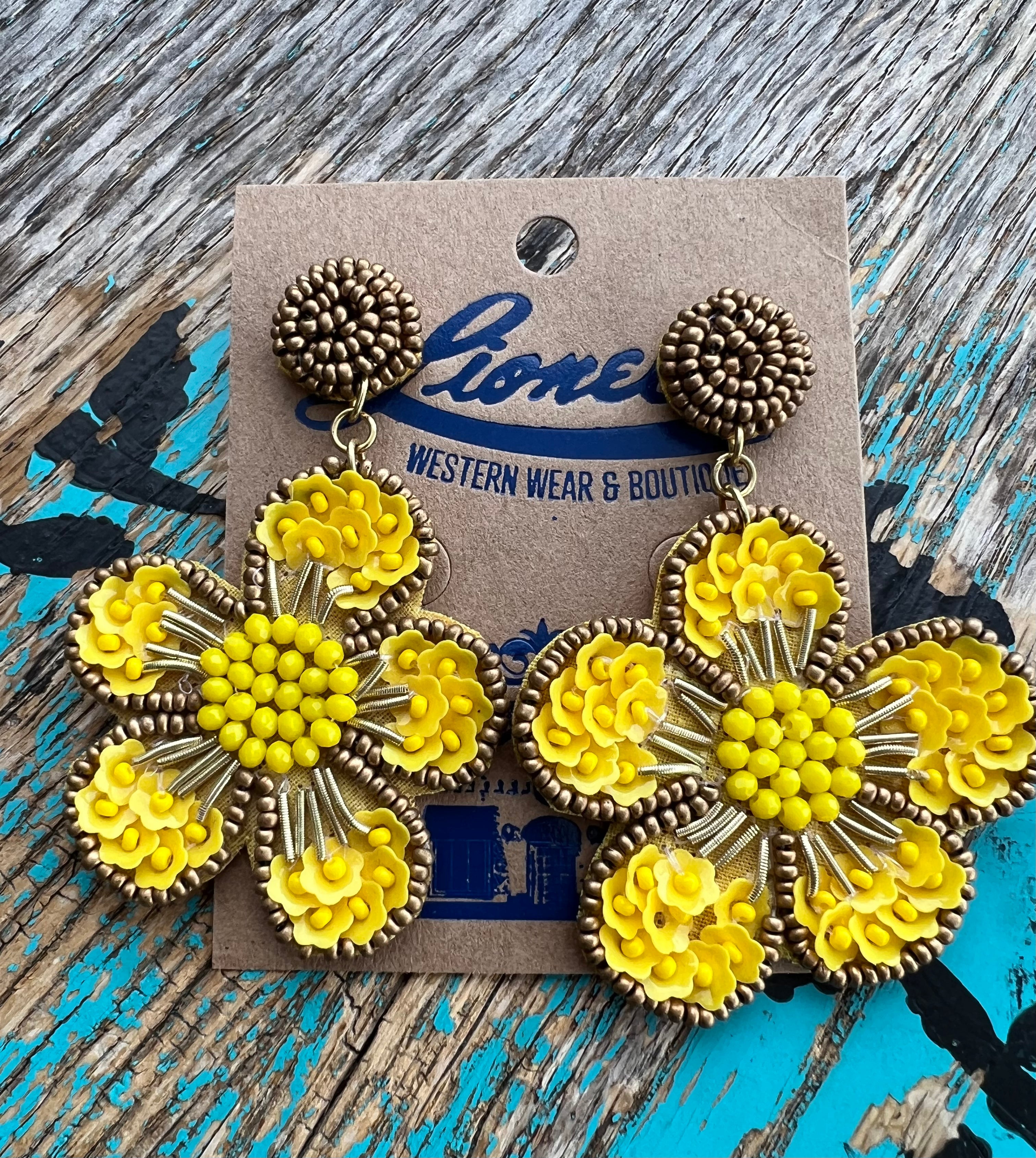 Yellow Beaded Daisy Earrings