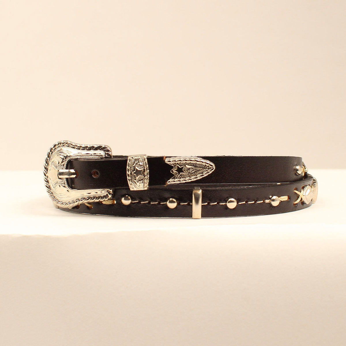 Black Hat Band w/ White Contrast Stitching & Silver