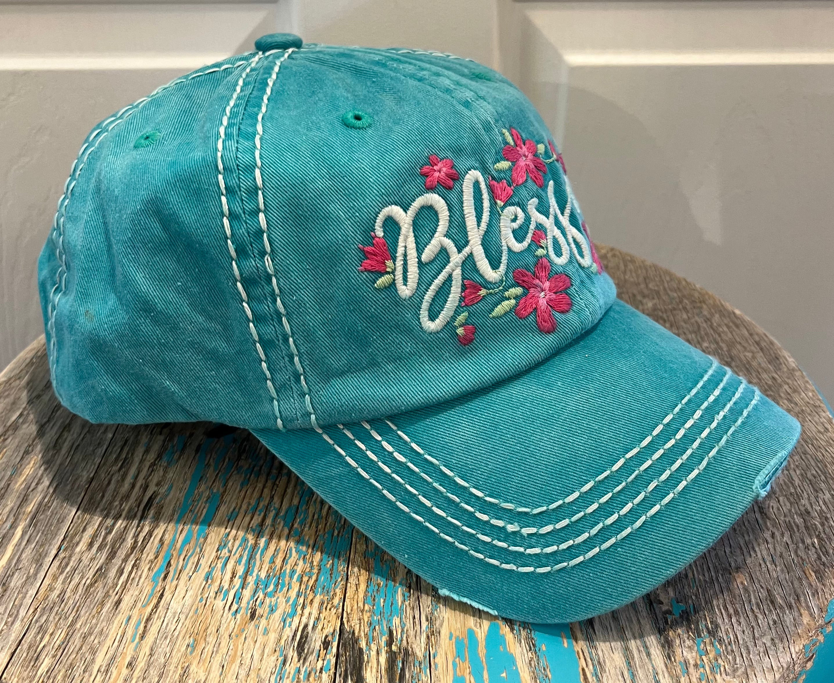 Distressed Turquoise Blessed Embroidered Cap