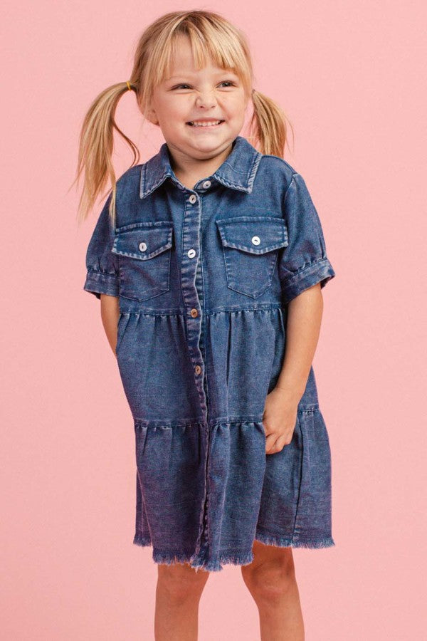 Girl's Button Up Tiered Denim Dress