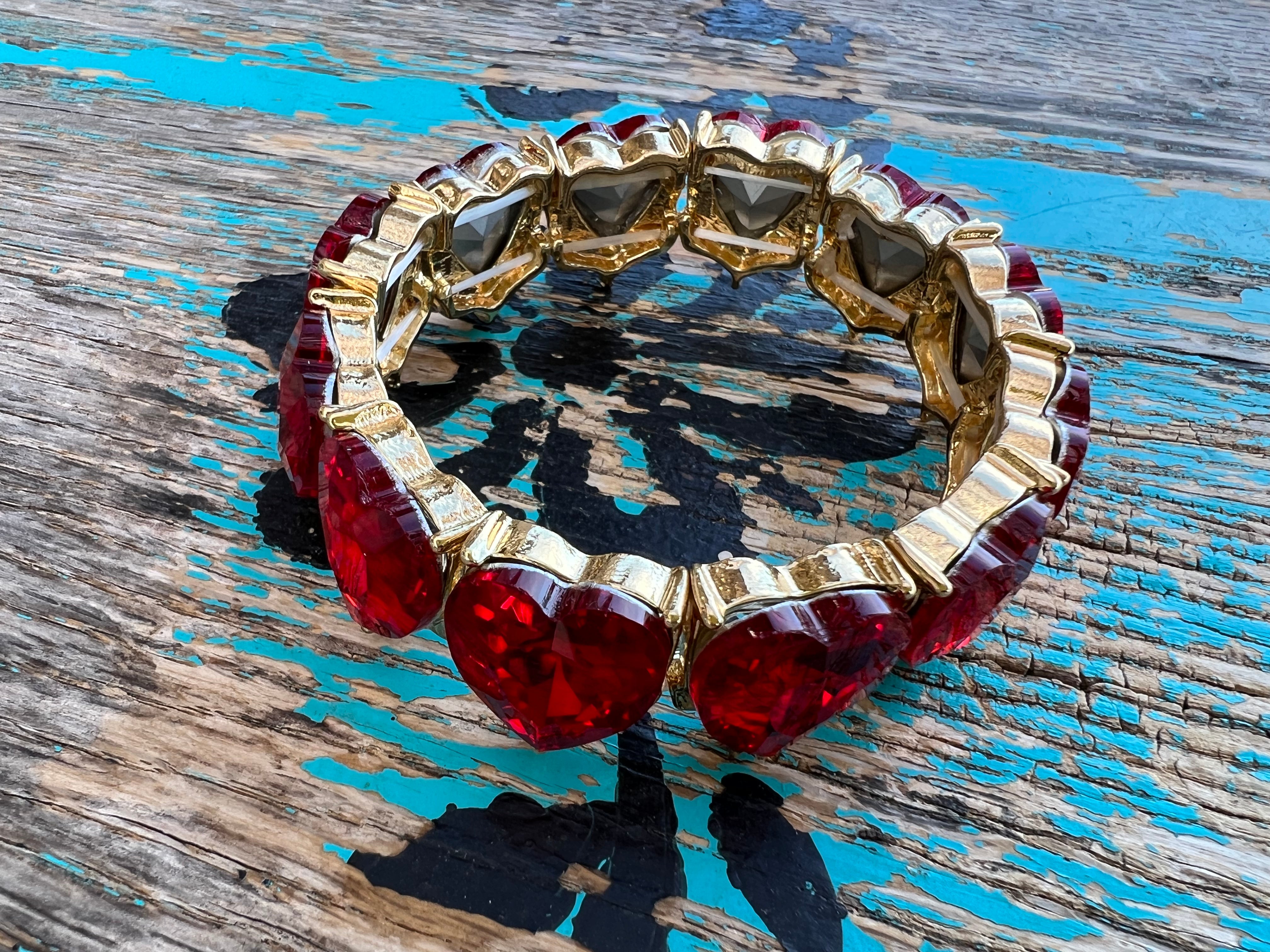 Red Crystal Hearts on Gold Bracelet