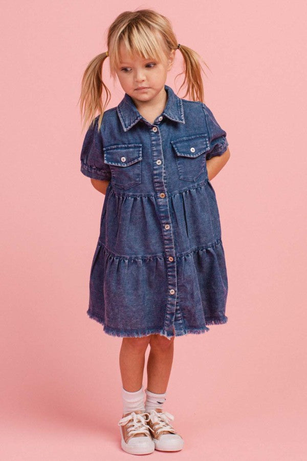 Girl's Button Up Tiered Denim Dress