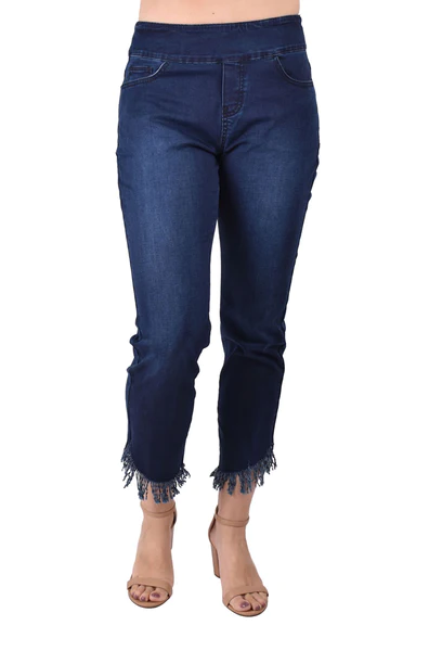 Dark Wash Pull On Frayed Jeans, by Ethyl
