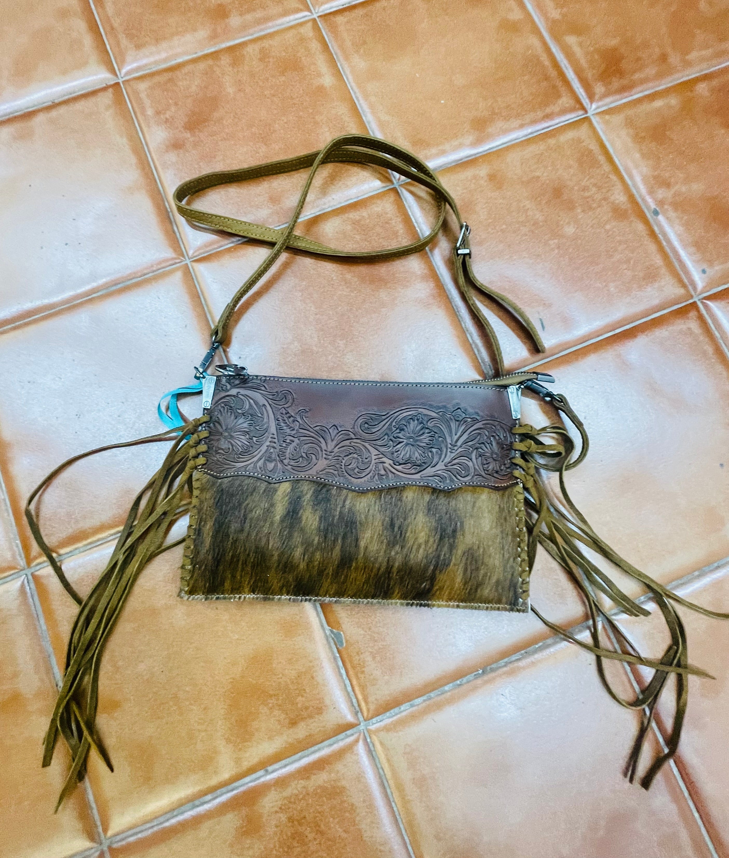 Cognac Leather/Hide Fringed Purse