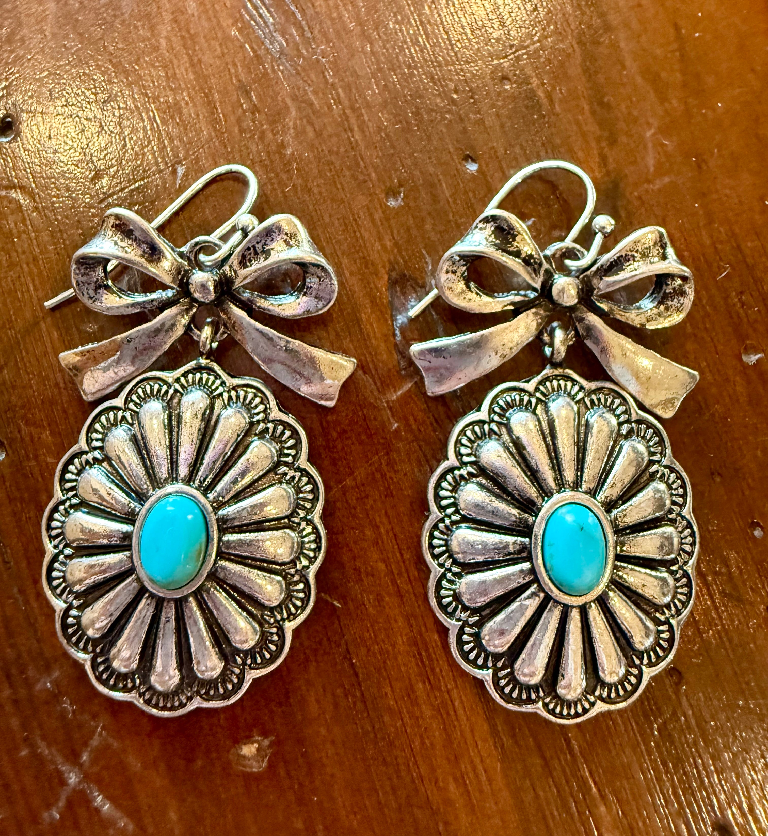 Silver Bow Detail & Concho Drop Earrings