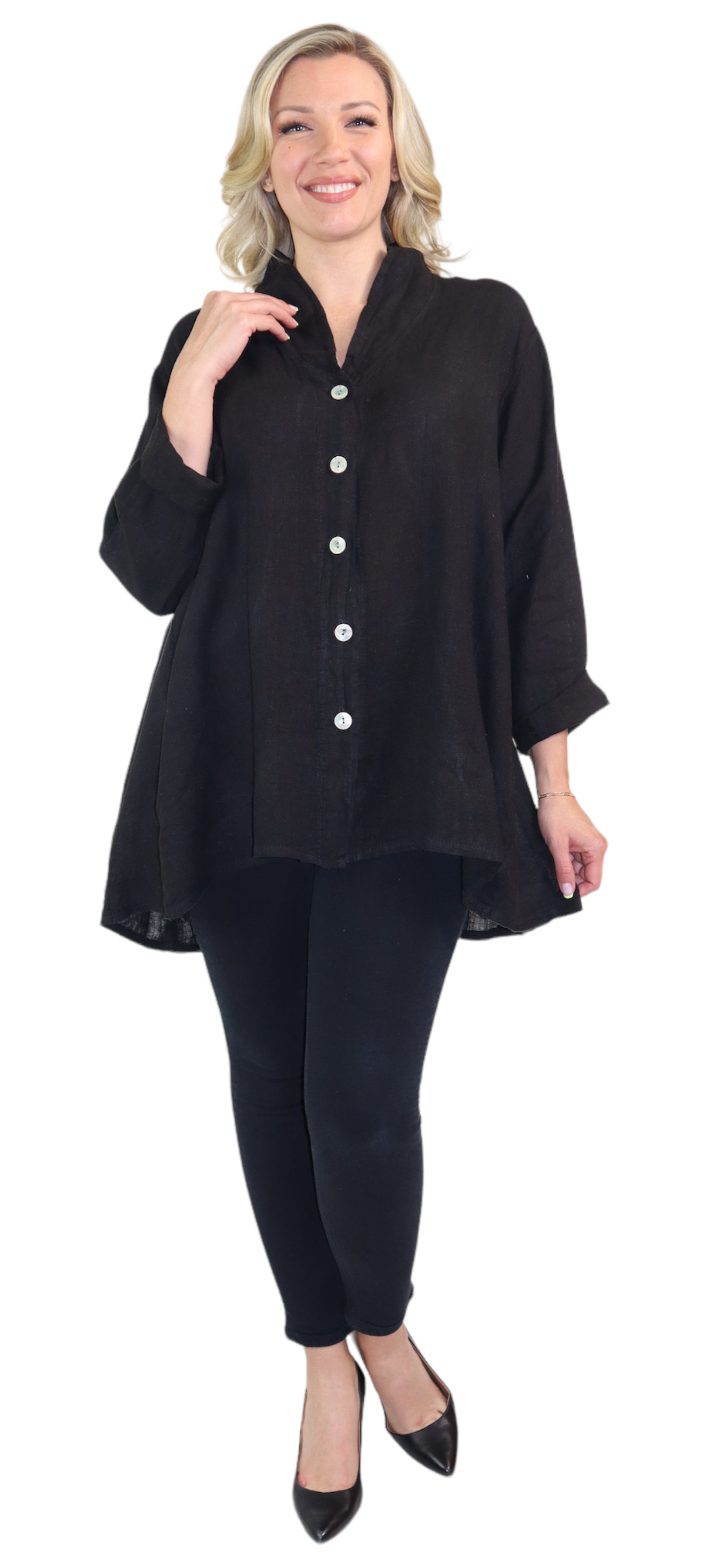 Black Washed Linen Button Up Top
