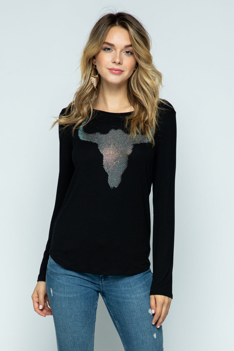 Jersey Knit Top With Rhinestone Bull