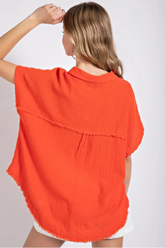 Tomato Red Raw Edge Cotton Pullover Top
