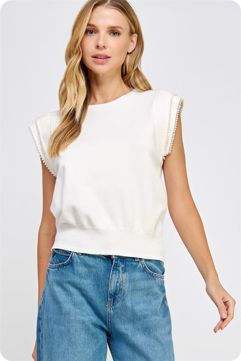 Chic Pearl Trim Sweater Top