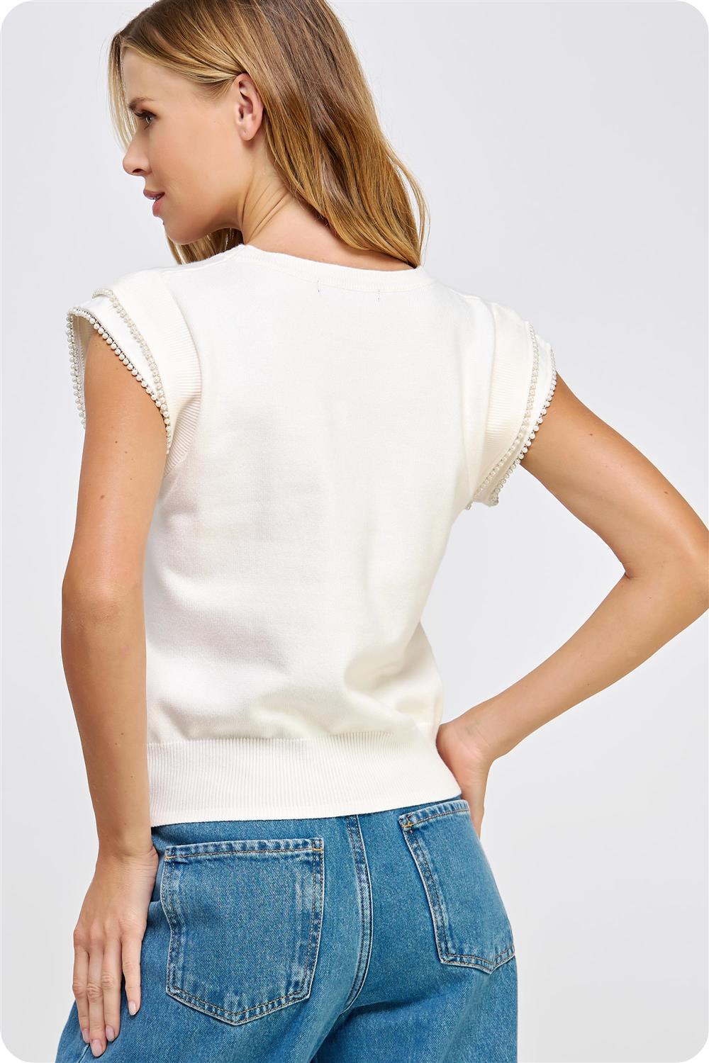 Chic Pearl Trim Sweater Top