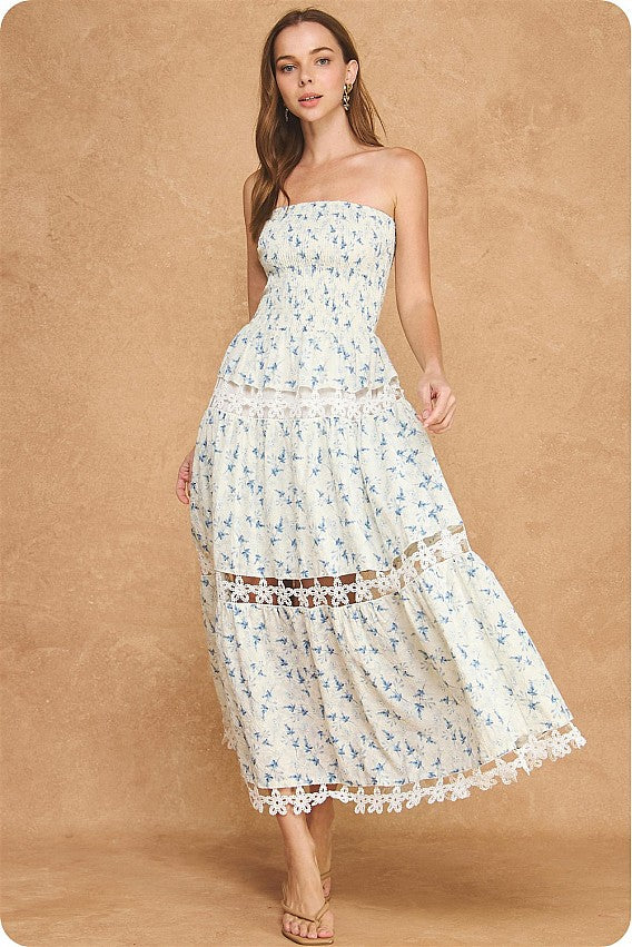 Printed Embroidery Eyelet Lace Tube Dress