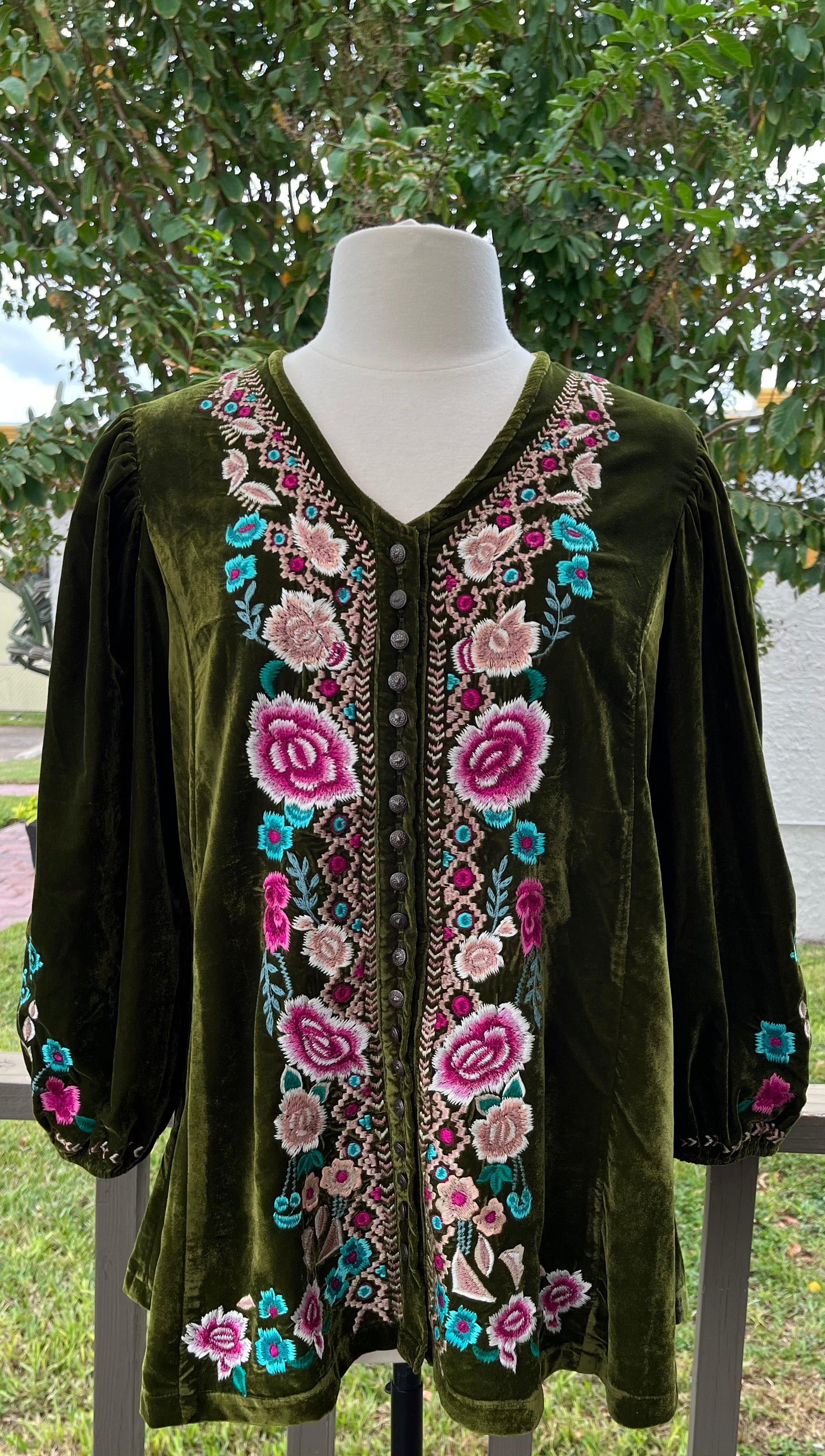 Andrea Olive Green Velvet Embroidered Top by Vintage Collection