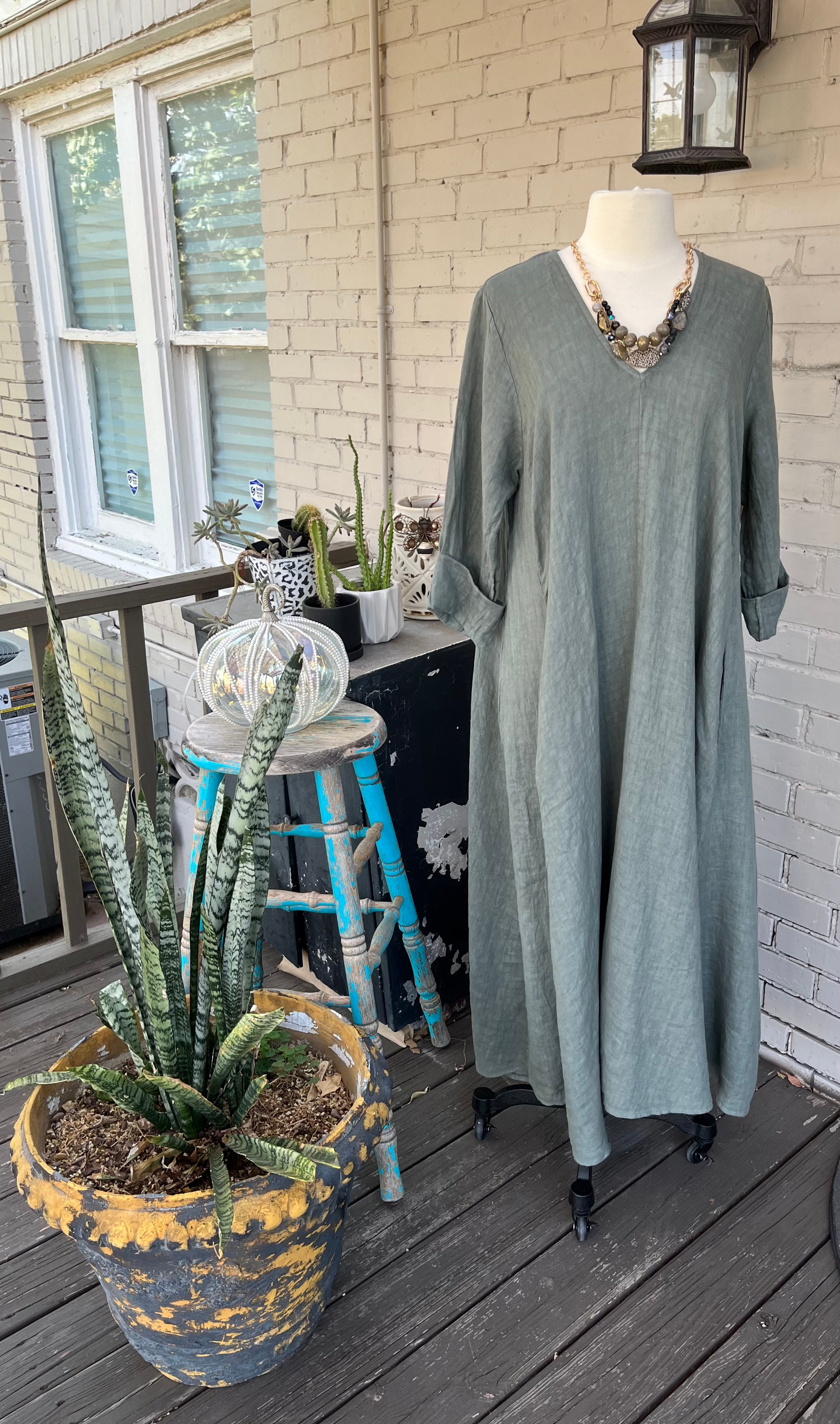 Olive Washed Linen Dress