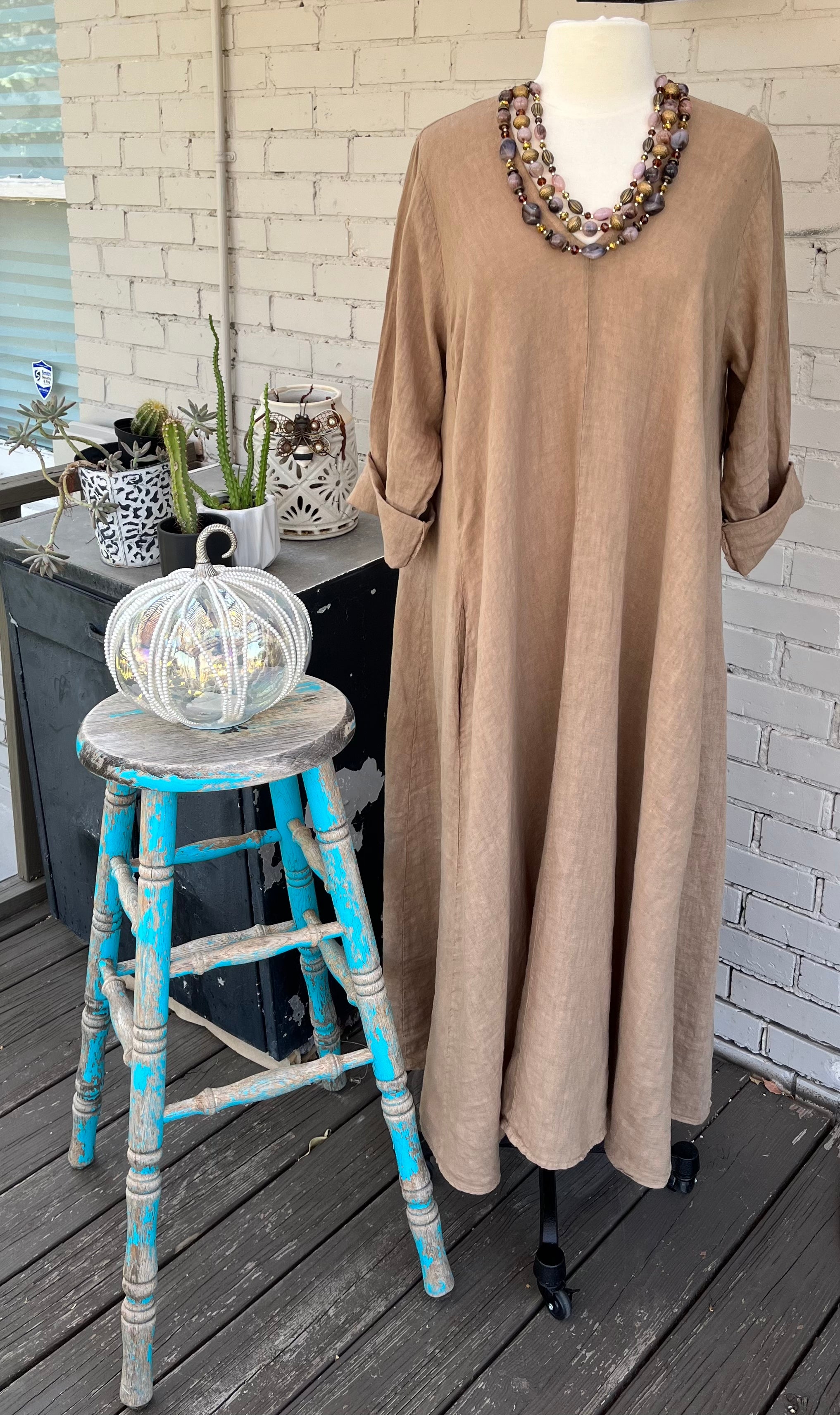 Camel Washed Linen Dress