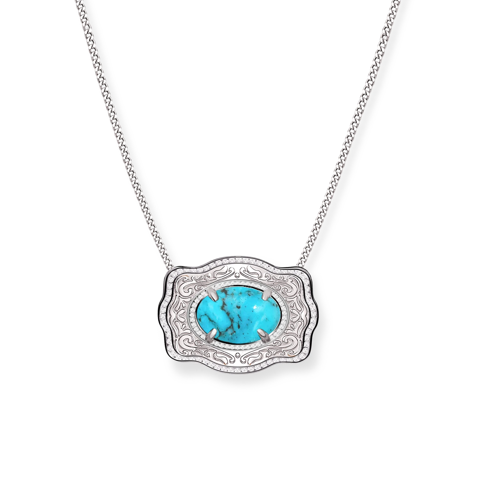 SpurWest Belt Buckle Necklace (Oasis) - Curb Chain - Silver