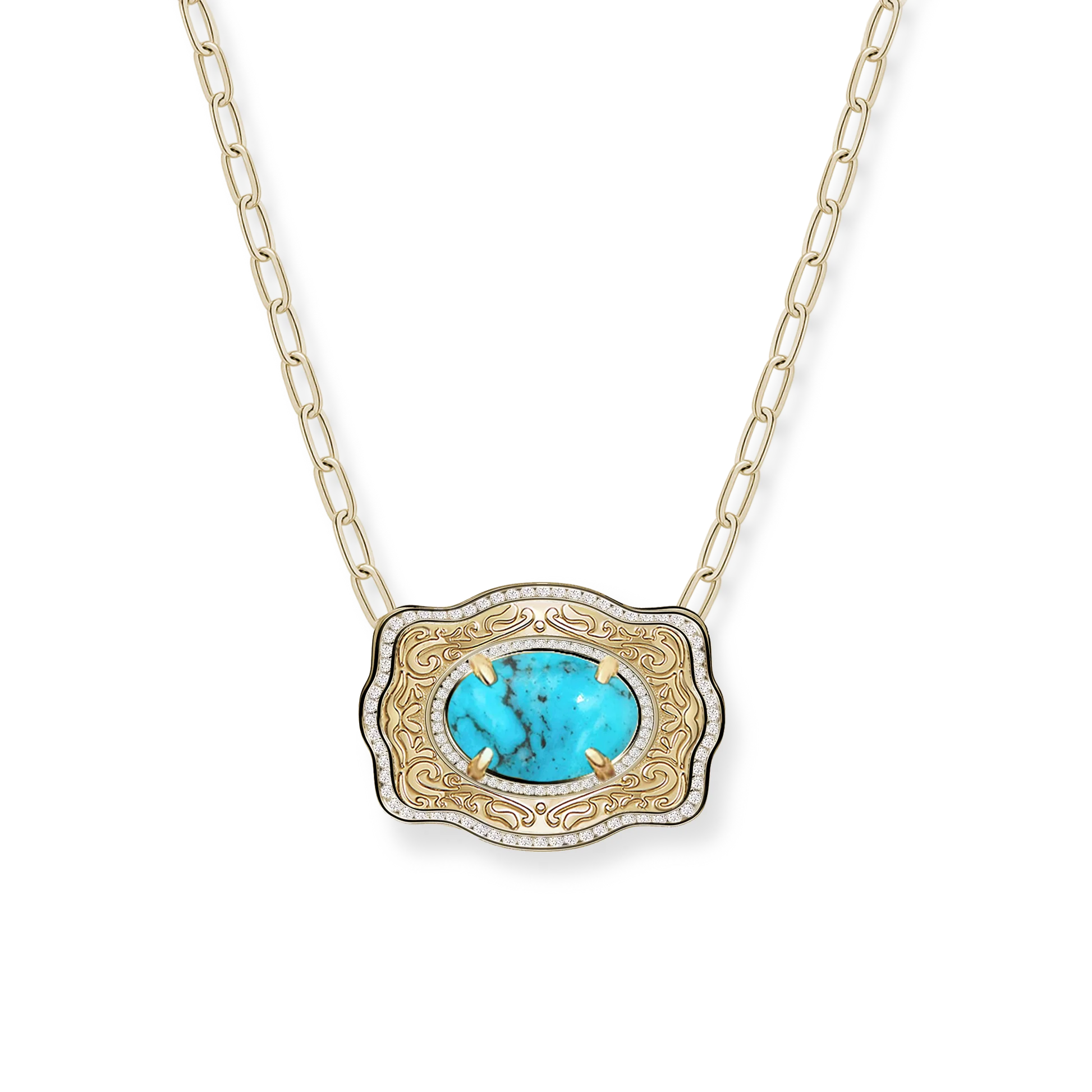 SpurWest Belt Buckle Necklace (Oasis) - Paper Clip Chain - Gold