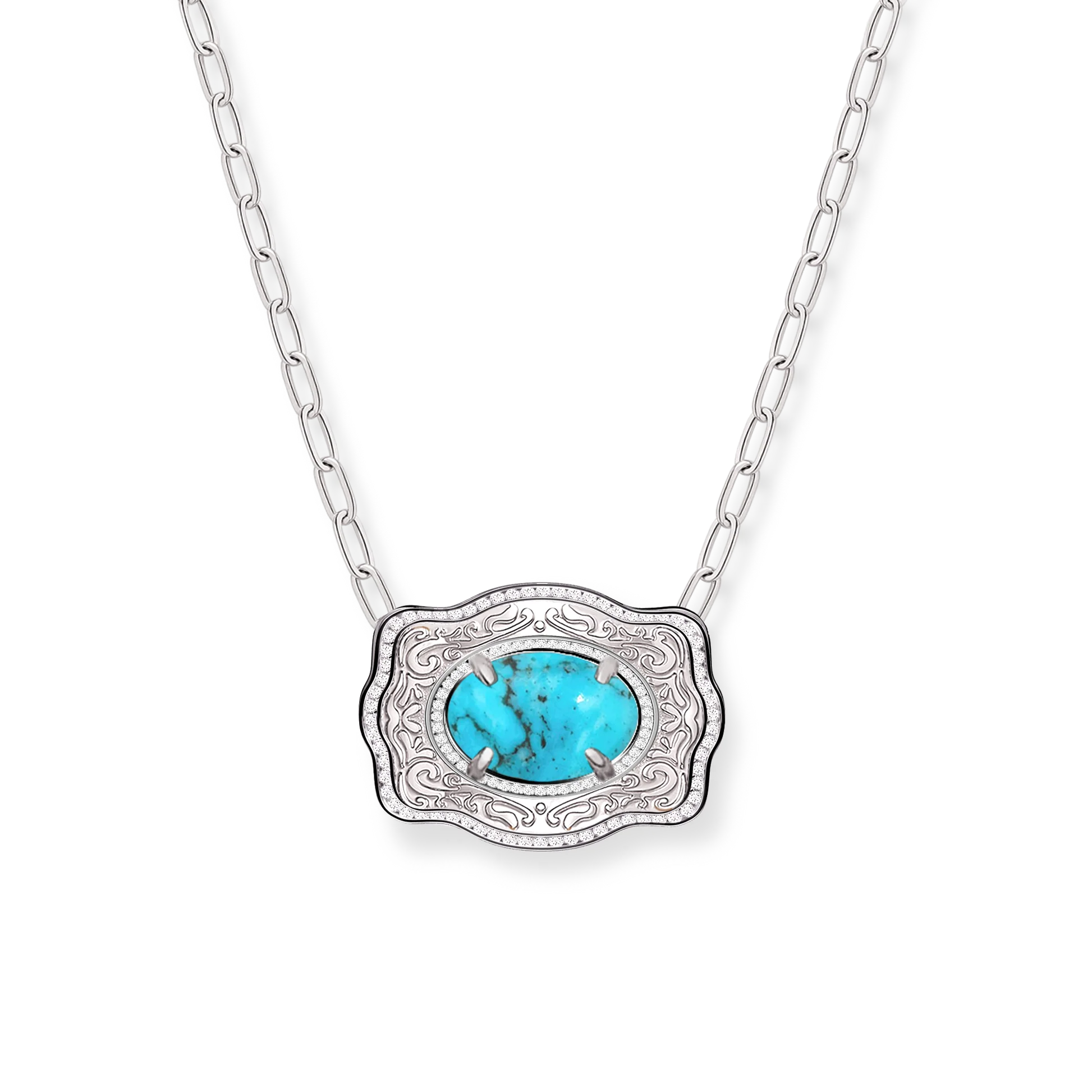 SpurWest Belt Buckle Necklace (Oasis) -Paper Clip Chain - Silver