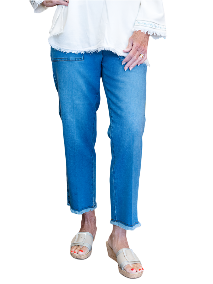 Pull On Pocket Denim w/ Frayed Hem by Multiples