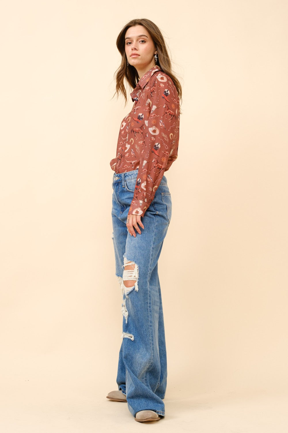 Western Print Chiffon Button  Up Blouse