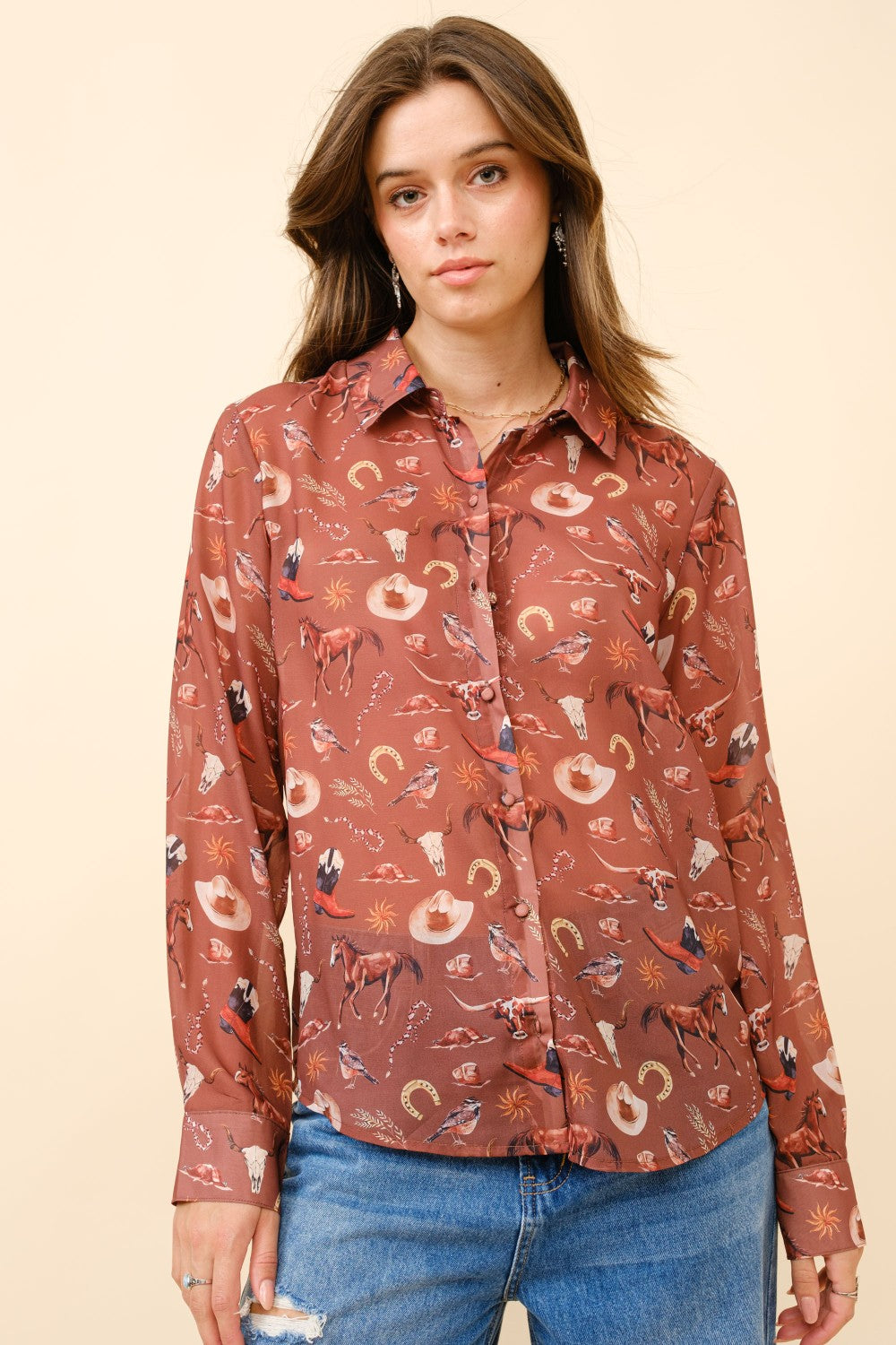 Western Print Chiffon Button  Up Blouse