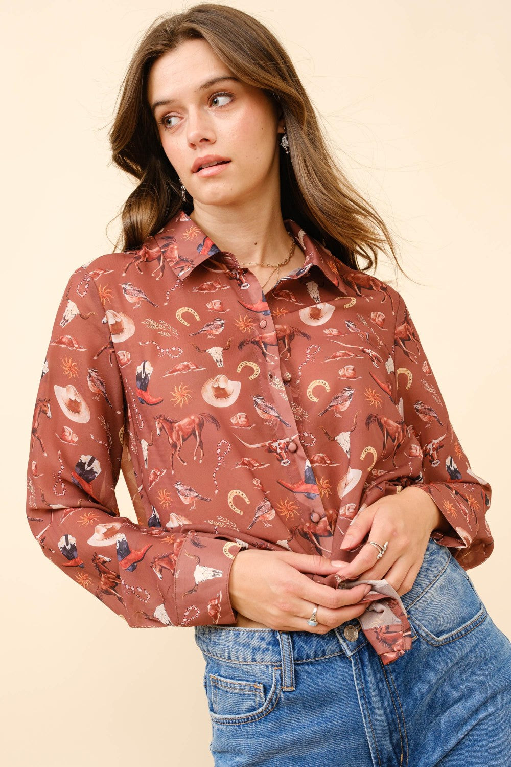 Western Print Chiffon Button  Up Blouse