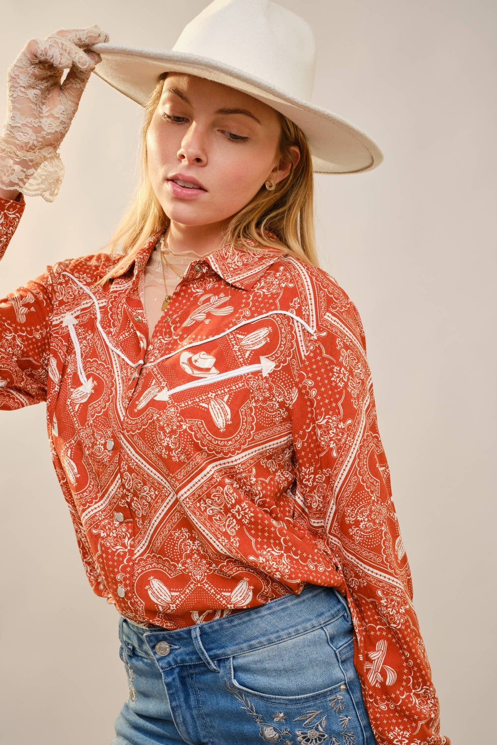 Burnt Orange Western Printed Button Up Shirt