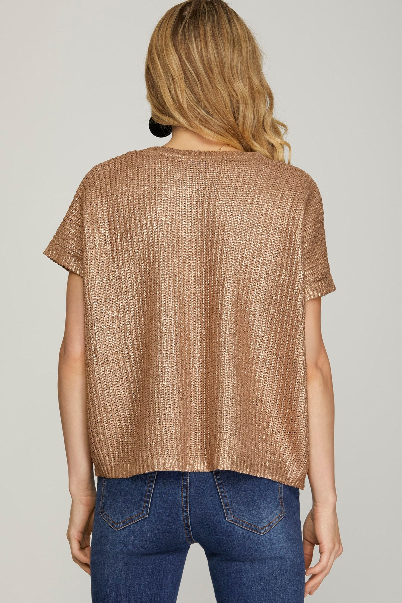 Mocha Gold Short Sleeve Metallic Sweater