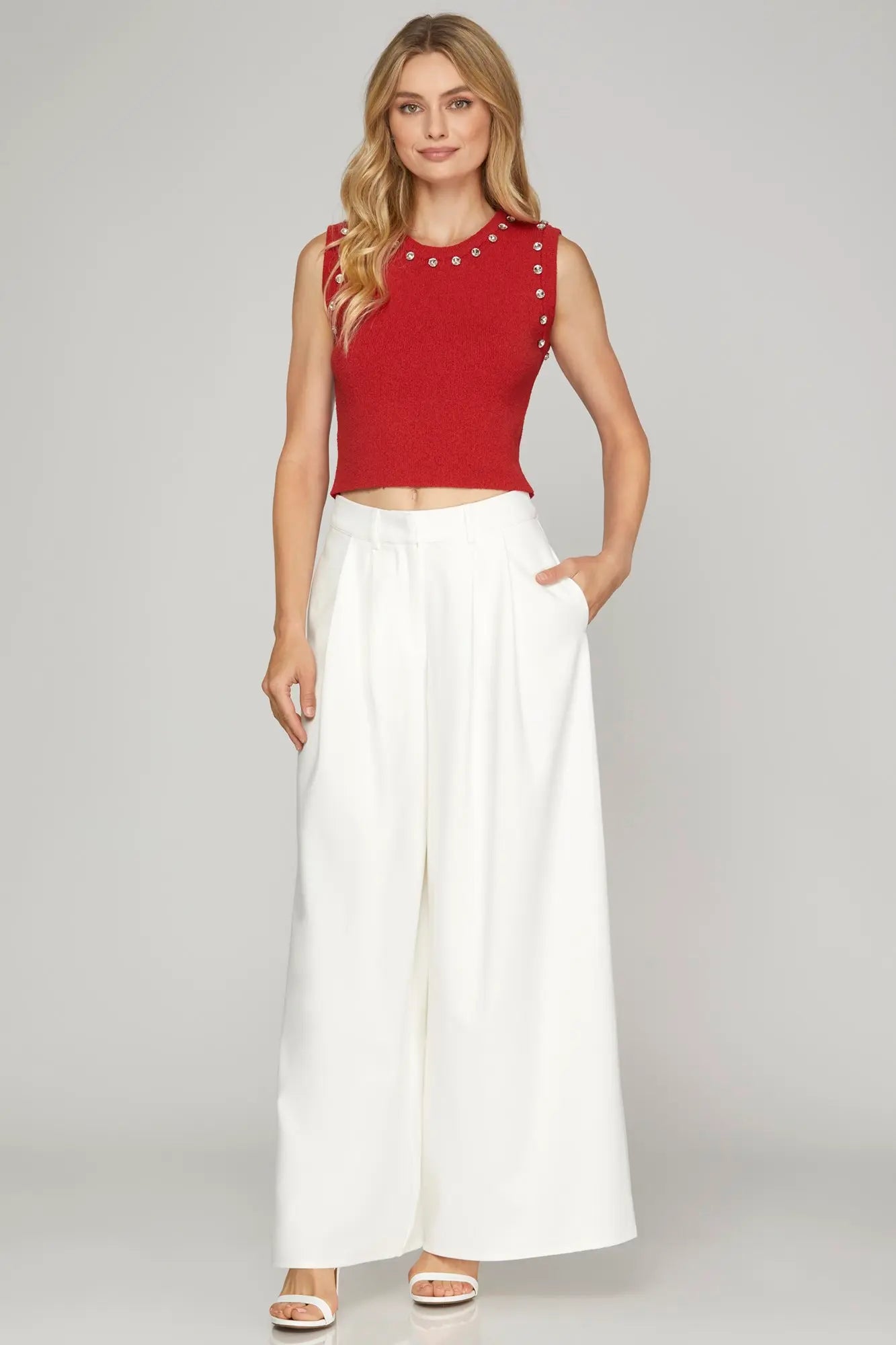 Red Stud Detail Sleeveless Sweater Top