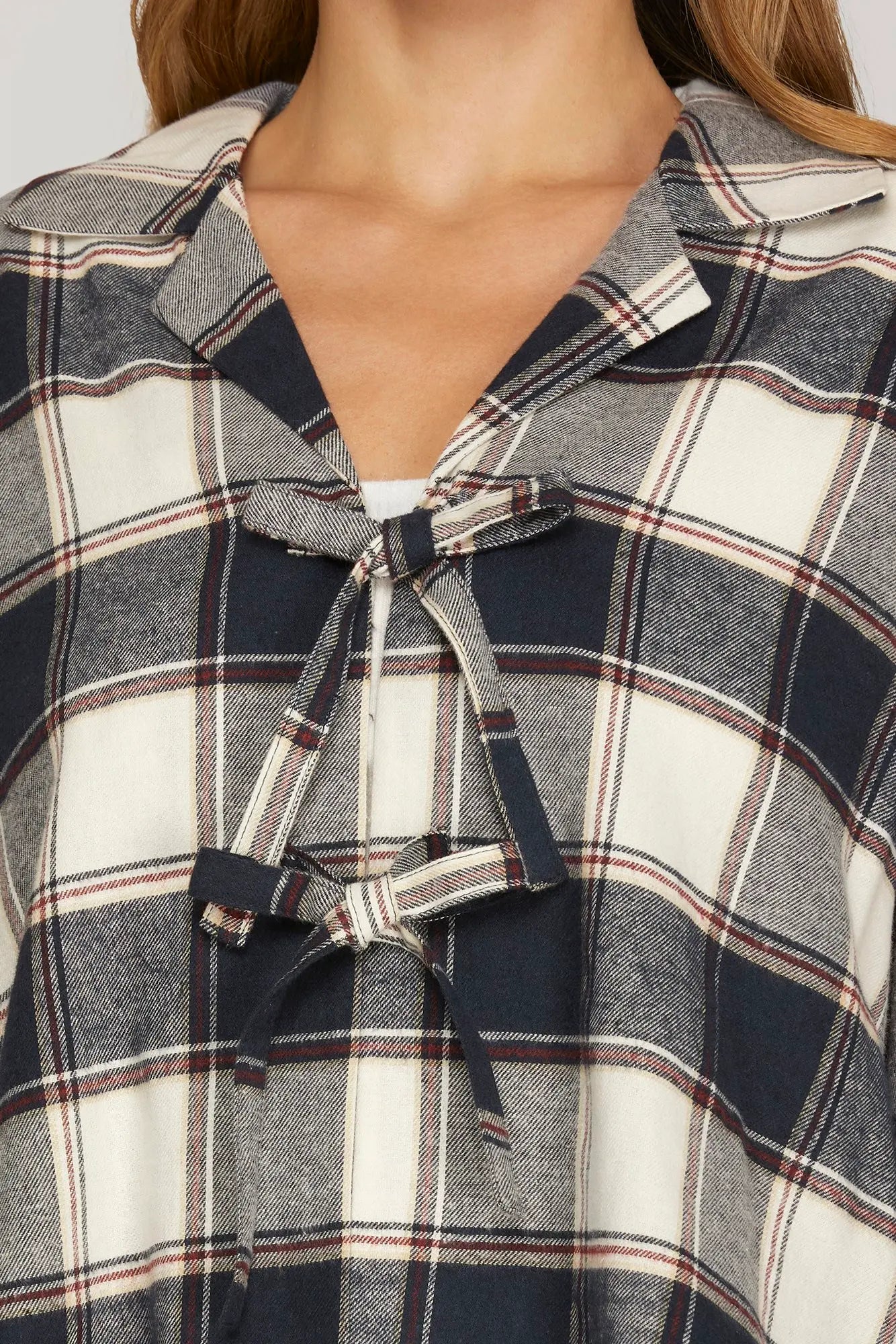 Navy Plaid Bow Tie Flannel Top